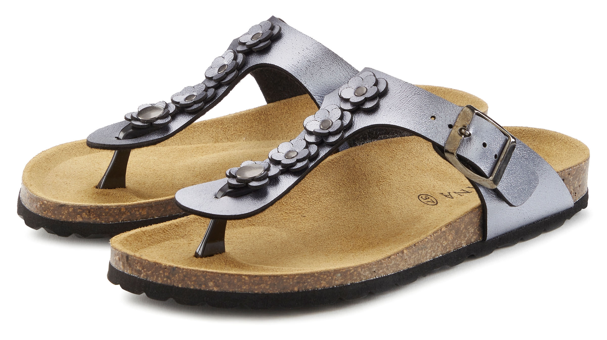 LASCANA Zehentrenner »Sandale, Pantolette, offener Schuh, Sommerschuh,«, mit modischer Applikation und Komfortkorkfußbett aus Leder