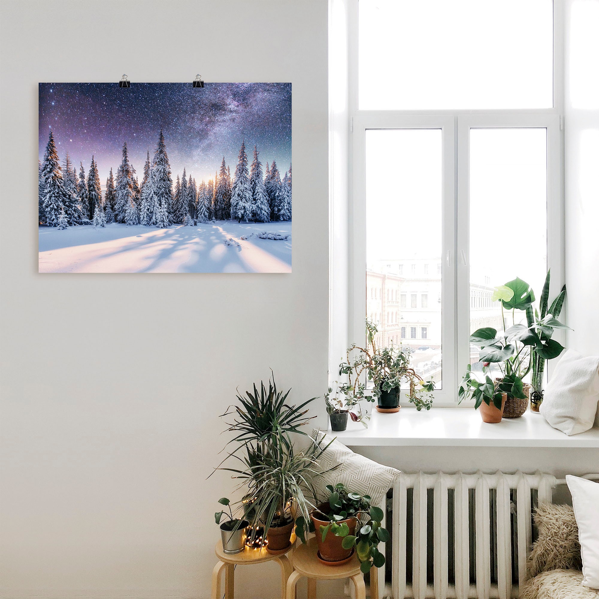 Artland Wandbild »Tannenwald im Schnee vorm Sternenhimmel«, Berge & Alpenbilder, (1 St.), als Alubild, Outdoorbild, Leinwandbild, Poster in verschied. Größen