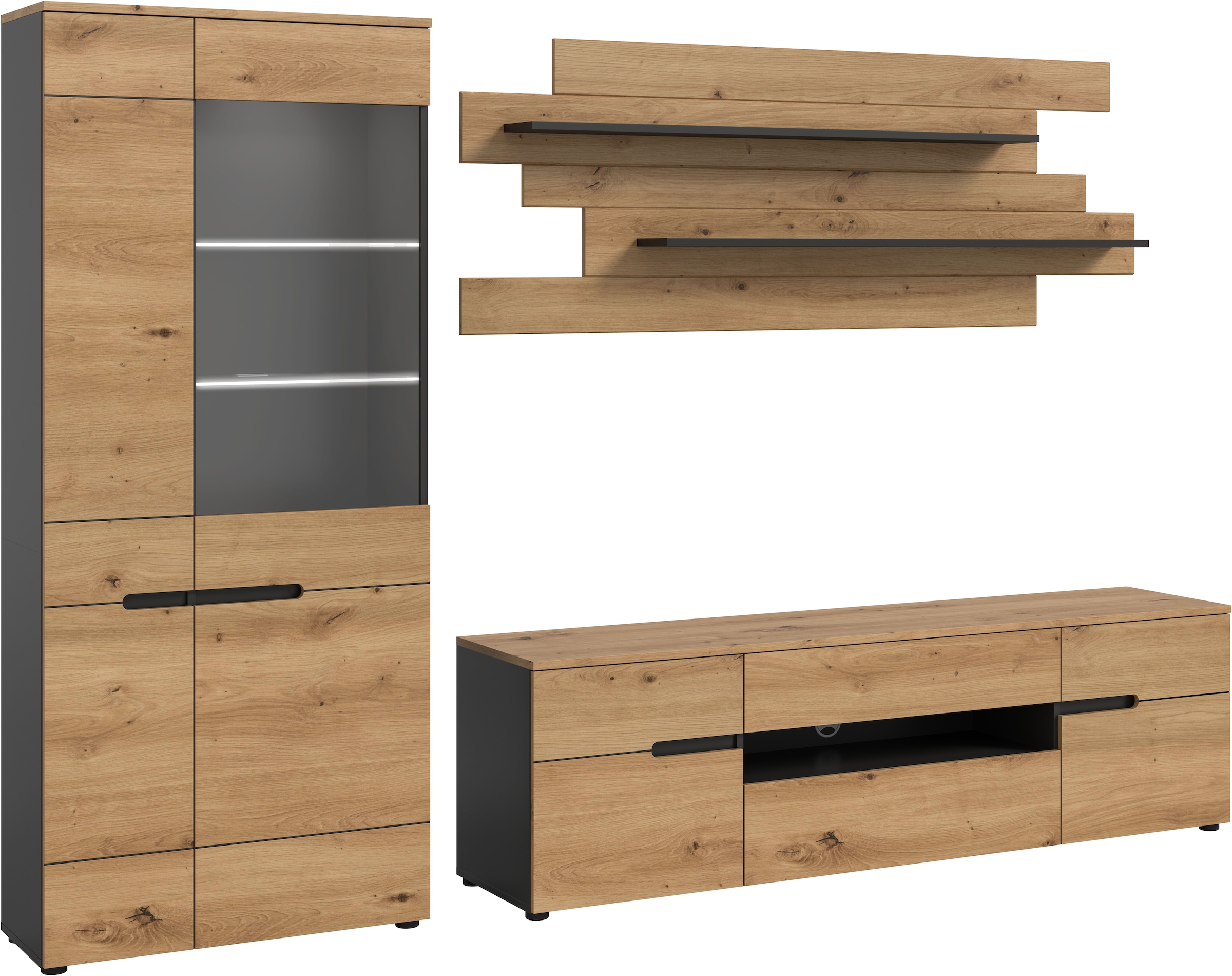 INOSIGN Wohnwand »REHAT, TOPSELLER!, 3-teilig, Breite 280 cm, inklusive Beleuchtung« Set inkl. Beleuchtung, bestehend aus: Vitrine, Lowboard und Wandboard, 5 Stk. tlg. Kombination, Anbauwand, Set, Wohn-Set, Wohnzimmer-Set, Schrankwand