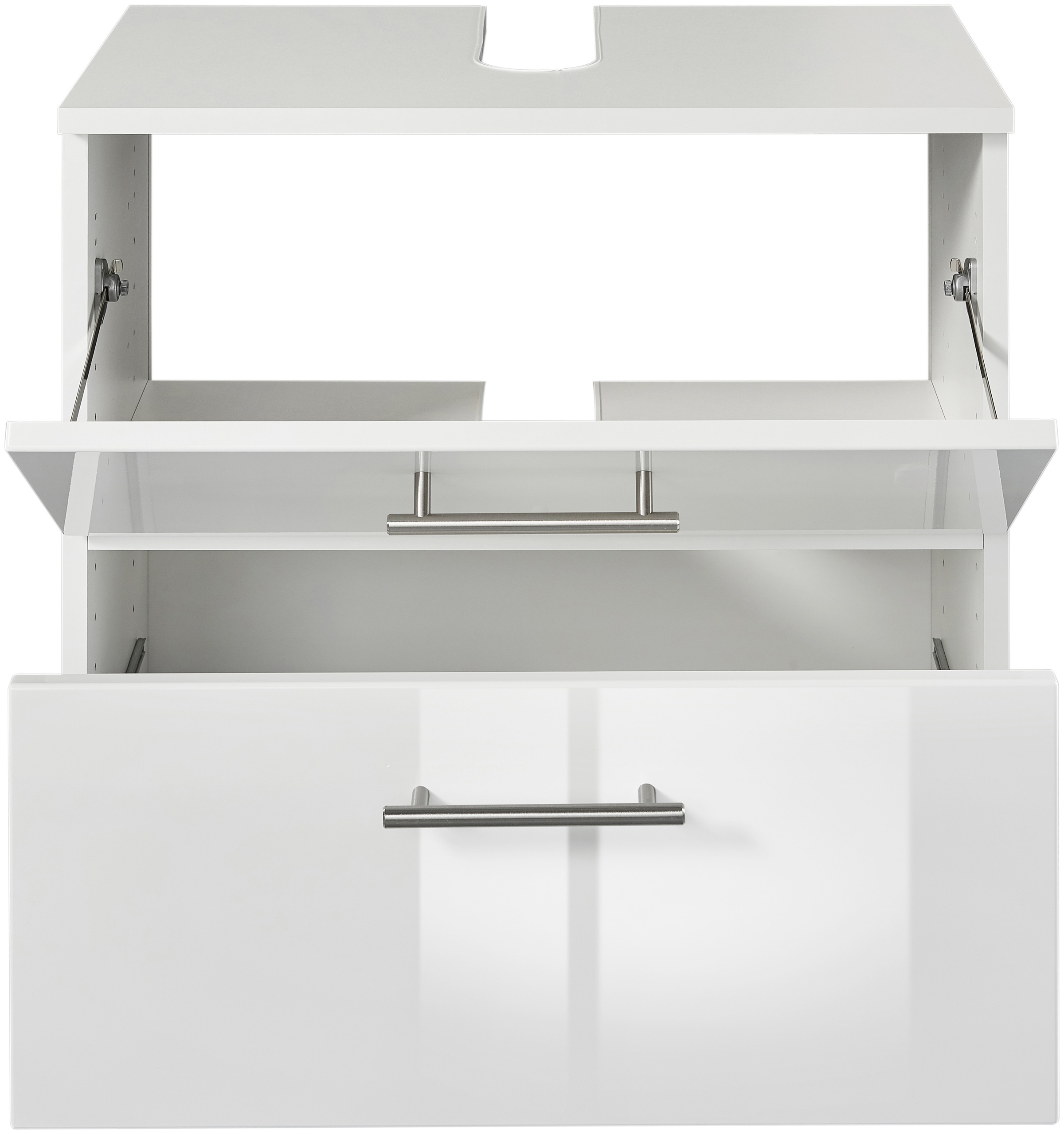 welltime Badmöbel-Set »"Trento", Badezimmer-Set, Hängeschrank, Unterschrank, Midischrank«, (5 St.), Waschbeckenunterschrank, Spiegelschrank inkl. Aufbauleuchte