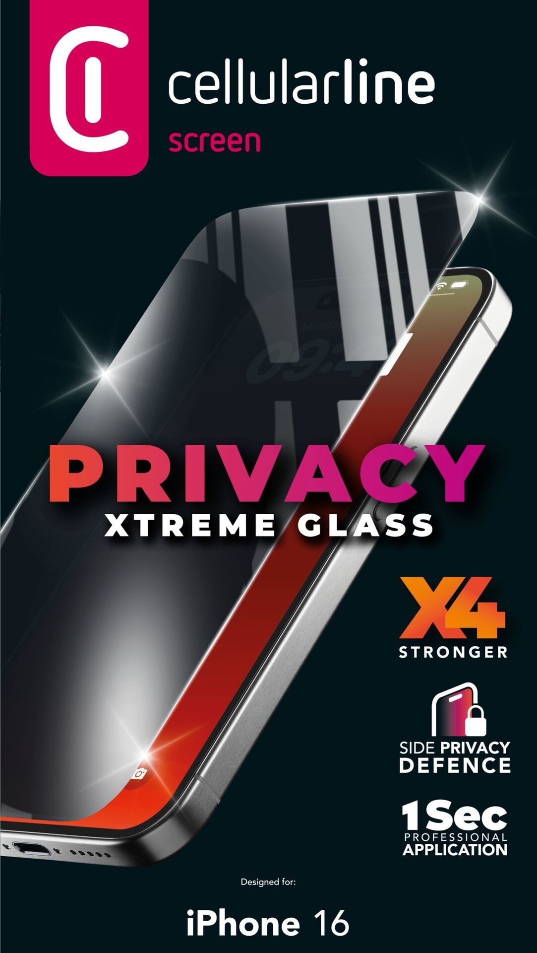 Cellularline Displayschutzglas »PRIVACY XTREME GLASS« für Apple iPhone 16 Blickschutzfolie, Schutzfolie, Bildschirmschutz, kratz- & stoßfest