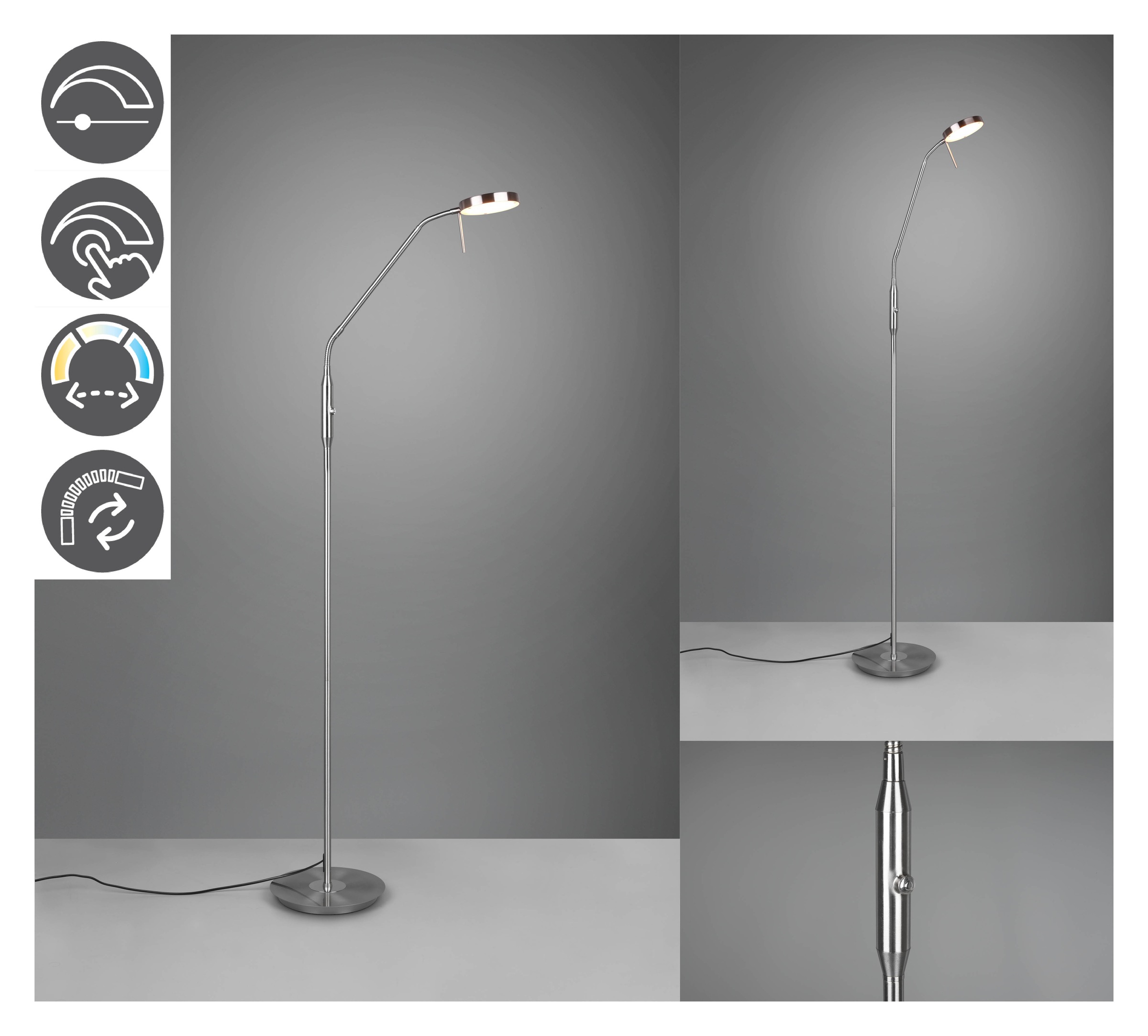 TRIO Leuchten LED Stehlampe »MONZA, Stehleuchte mit Sensordimmer Lichtfarbe einstellbar 2300-4000K«, 1 flammig, Leuchtmittel LED-Board | LED fest integriert, Leuchtenkopf flexibel verstellbar Memoryfunktion Höhe 145-160 cm