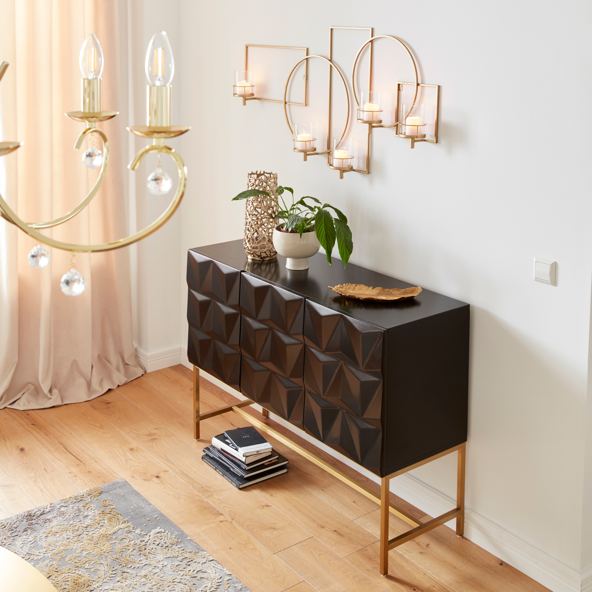 Leonique Sideboard »Rovuma«, in 3D-Optik und goldfarbenem Metallgestell