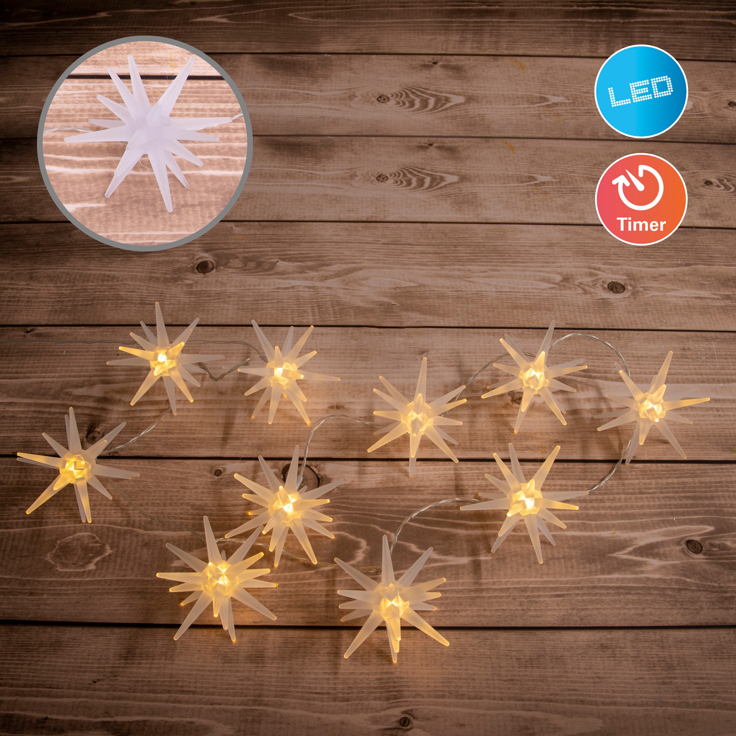 weiß »3D-Sterne, aus LED-Lichterkette bei Kunststoff Länge mit Weihnachtsdeko«, Timer 10 165cm OTTO gefrostet näve bestellen in online St.-flammig,