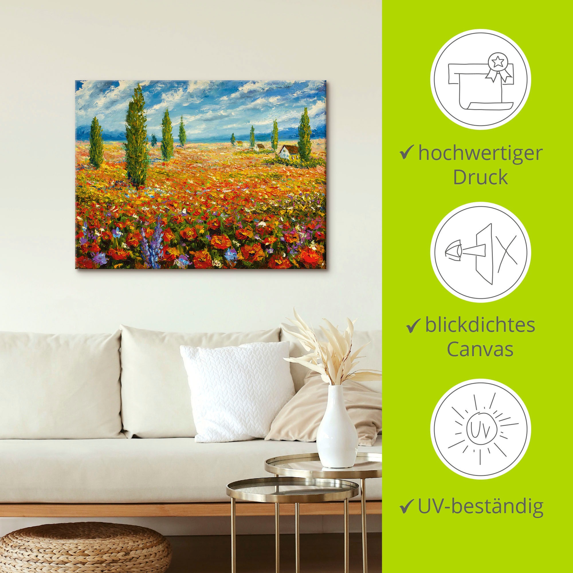 Artland Leinwandbild »Mohnblumenwiese«, Blumenwiese, (1 St.), auf Keilrahmen gespannt