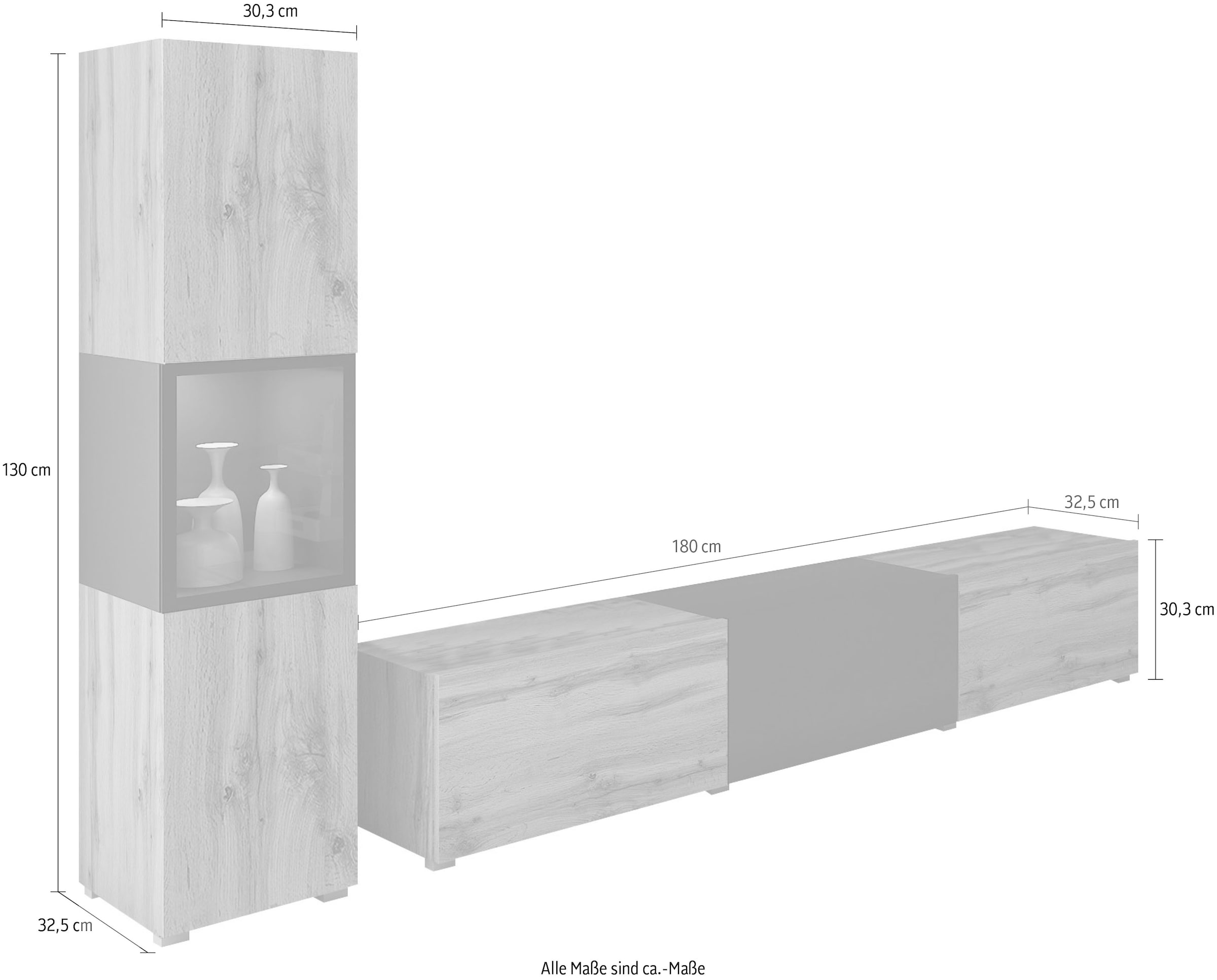 INOSIGN Wohnwand »BERLIN I, Vitrine Türschlag links/rechts wechselbar«, (Komplett-Set, 2 St.), moderne grifflose Mediawand Breite 220 cm, Vitrine mit Verglasung
