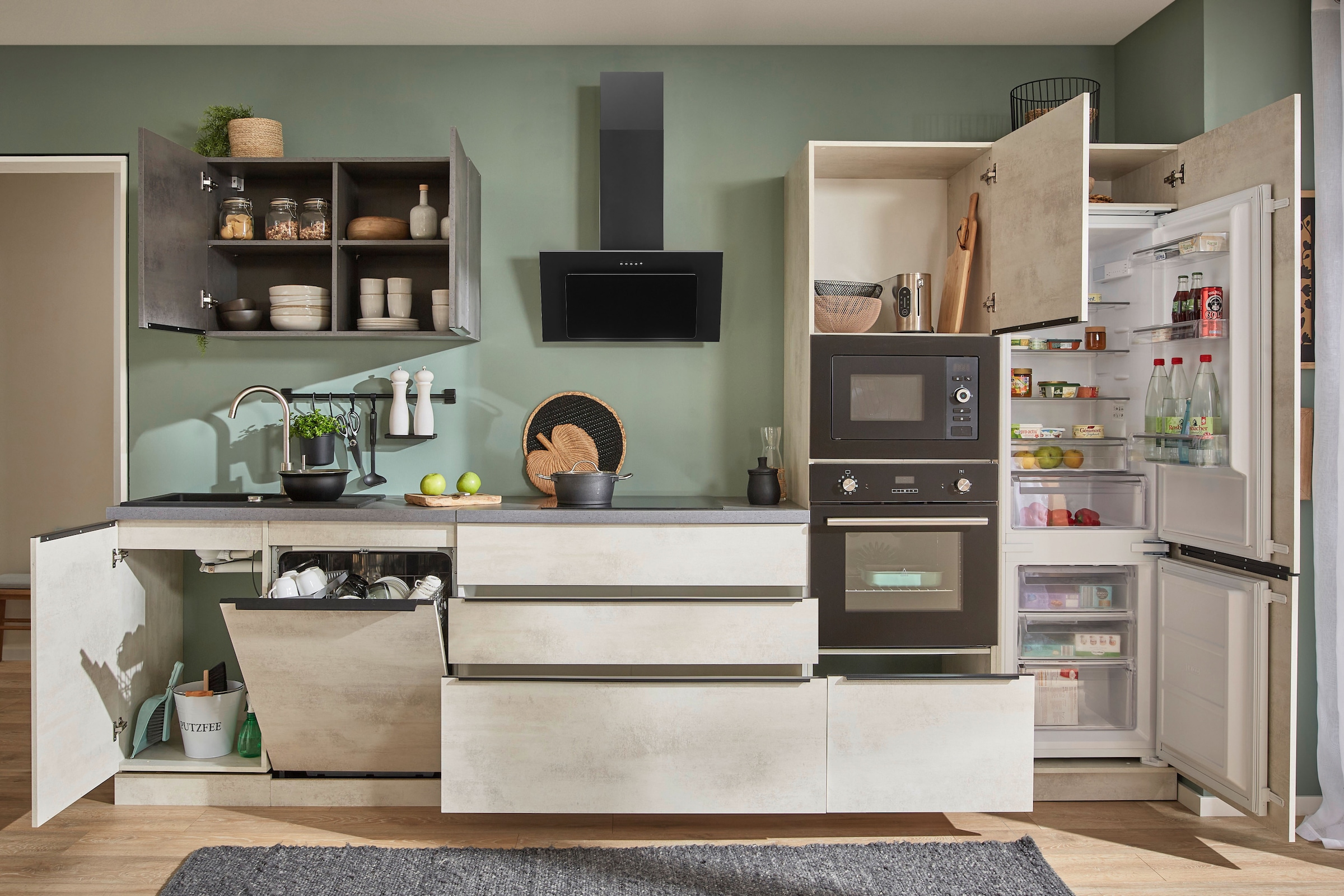 BASIC by Balculina Küchenzeile »Sanibel, Küche BxTxH 340x60x210 cm«, Breite 340cm, mit E-Geräten, Softclose für Türen und Schubkästen