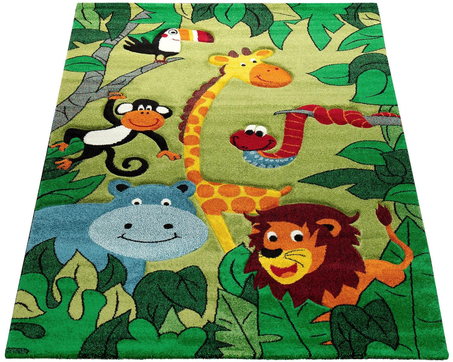 Paco Home Kinderteppich »Diamond 638«, rechteckig, 18 mm Höhe, Kurzflor, 3D-Design Dschungel Tiere