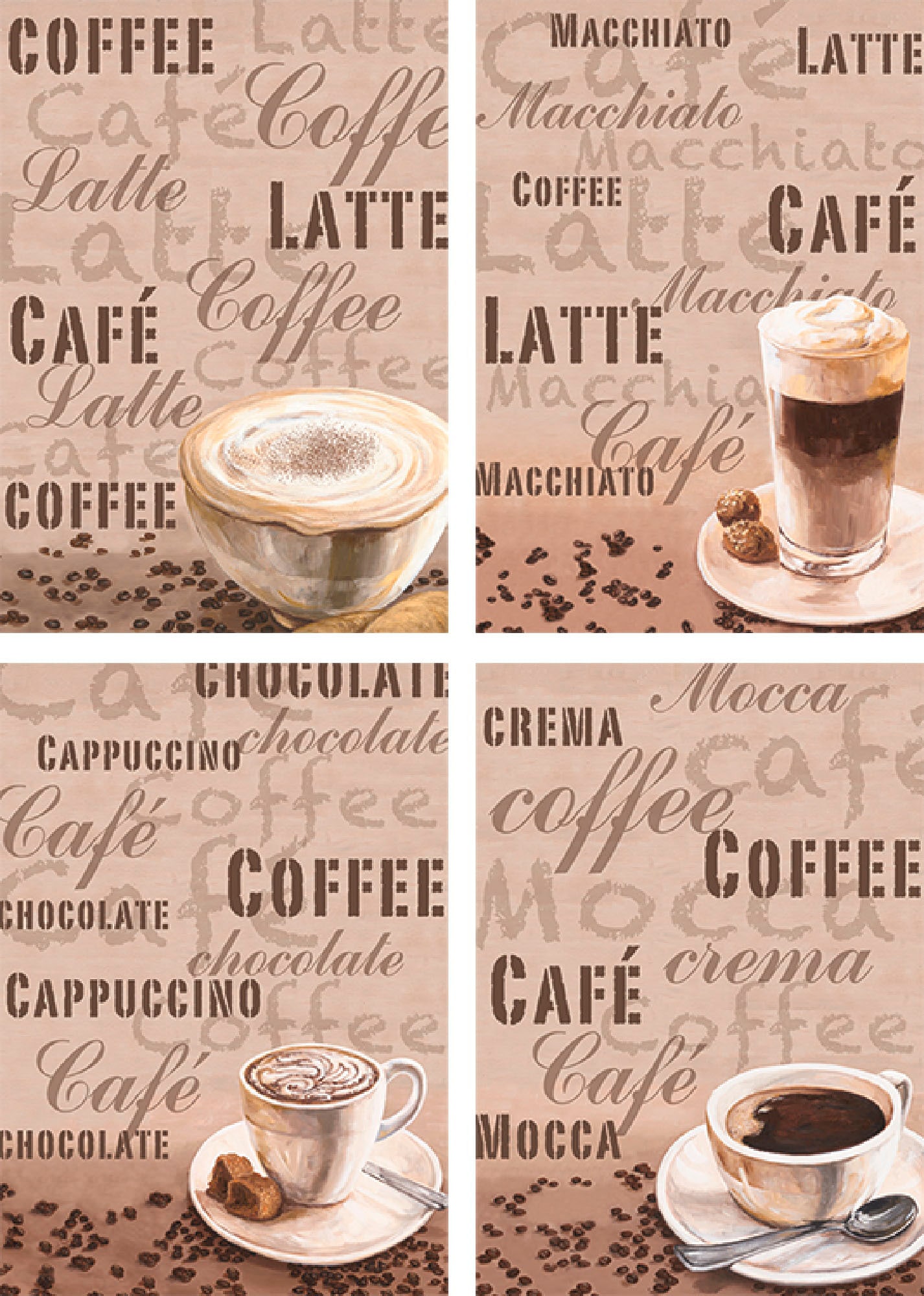 Poster »Milchkaffee Latte MacchiatoChocolate«, Getränke, (4 St.), Poster, Wandbild,...