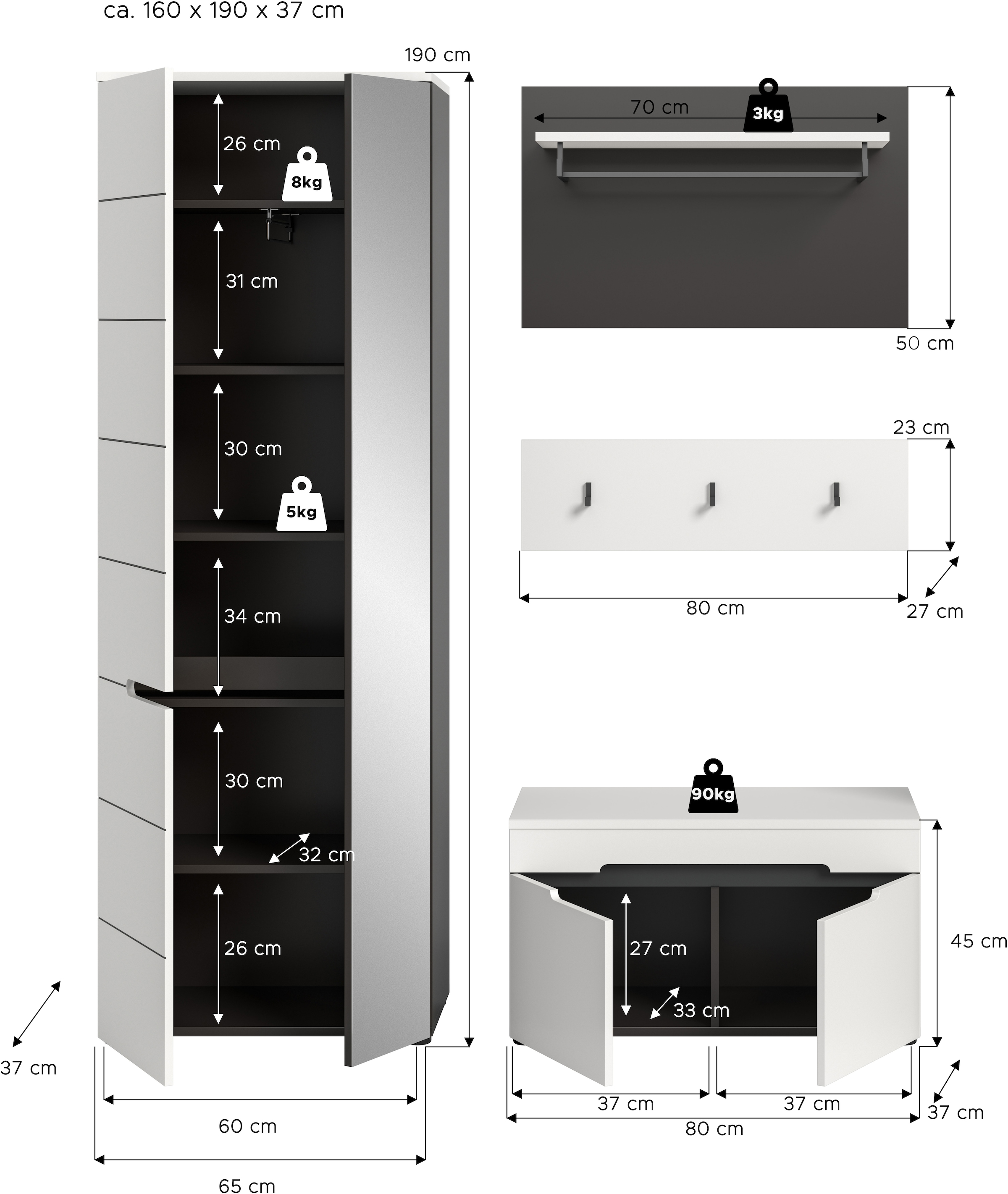 INOSIGN Garderoben-Set »REHAT, TOPSELLER!, 4-teilig, Breite 160cm, individuell stellbar« bestehend aus: Garderobenschrank, Sitzbank, Paneel, Hakenleiste, 3 Stk. tlg.