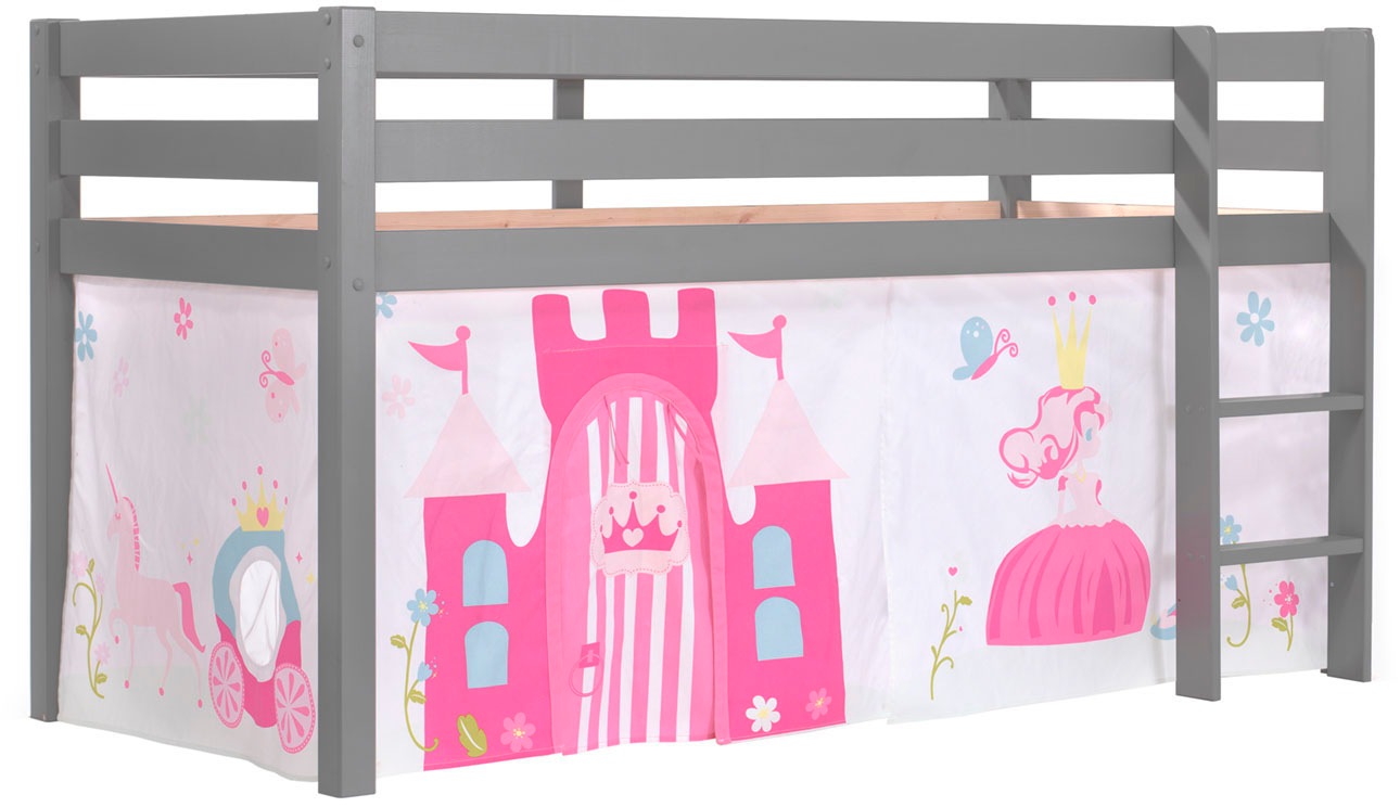 Vipack Hochbett »Pino, Spielbett massiv Kiefer, stabil gebaut, 3 Korpusfarben zur Wahl«, (inkl. Rolllattenrost, Leiter und Absturzschutz, mit oder ohne Rutsche), Textil-Set "Princess", inkl. Vorhang, mit oder ohne Tunnel
