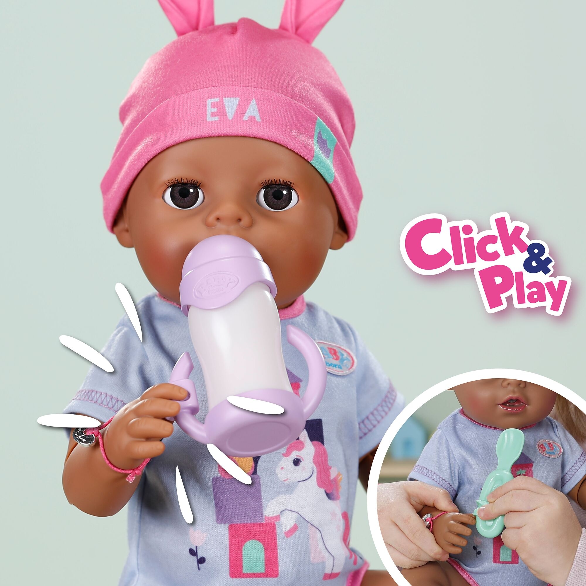 Baby Born Babypuppe »Eva Click & Play 43 cm« mit Click-&-Play: Hält Fläschchen und Löffel selbst - ohne Batterien