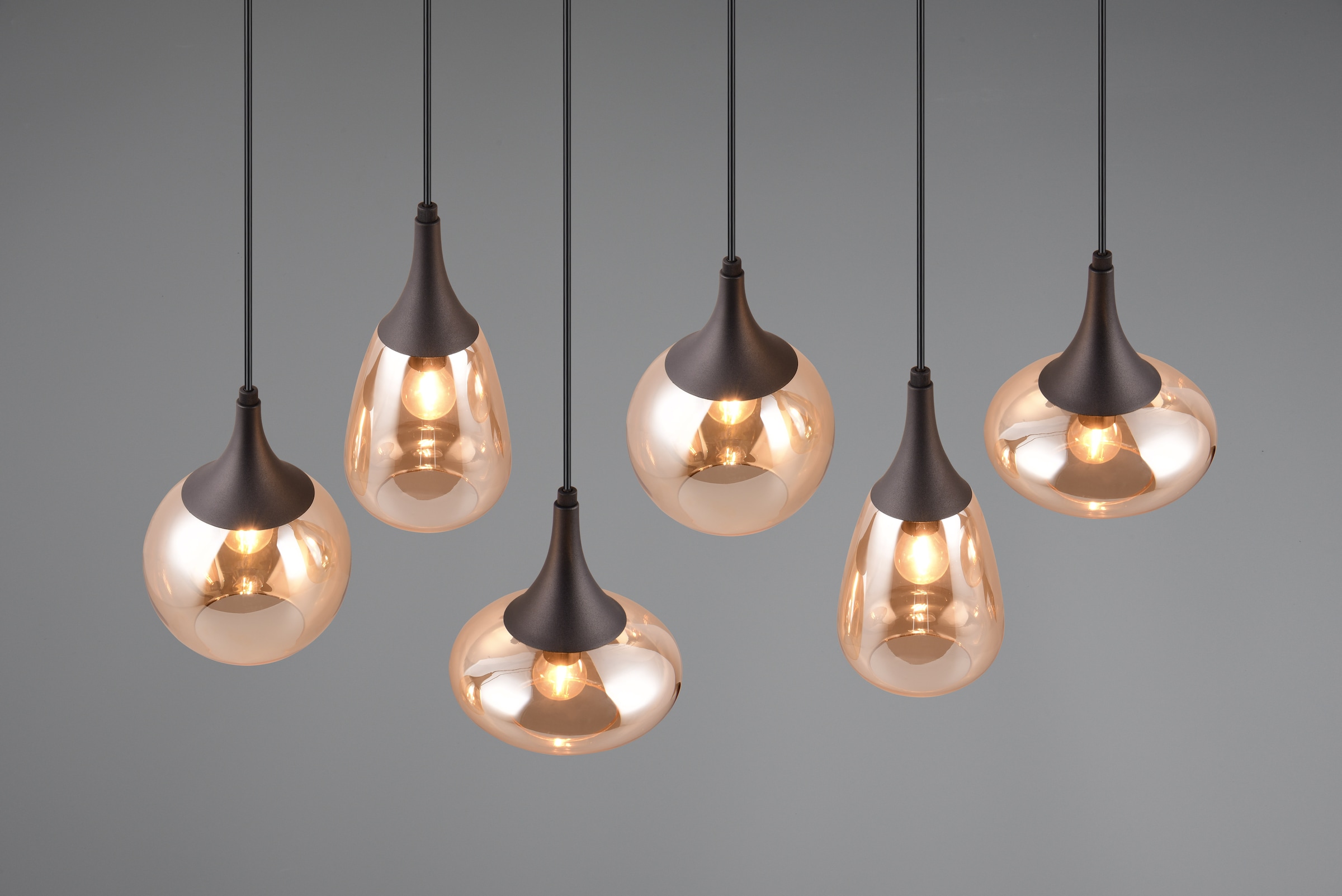 TRIO Leuchten Pendelleuchte »Lumina, E14 Hängelampe 6-flammig Glasschirme in 3 Formen amberfarbig« E14 1 Stk. warmweiß - kaltweiß exkl 6x E14 max 40W, Hängeleuchte höhenverstellbar bis max 150 cm