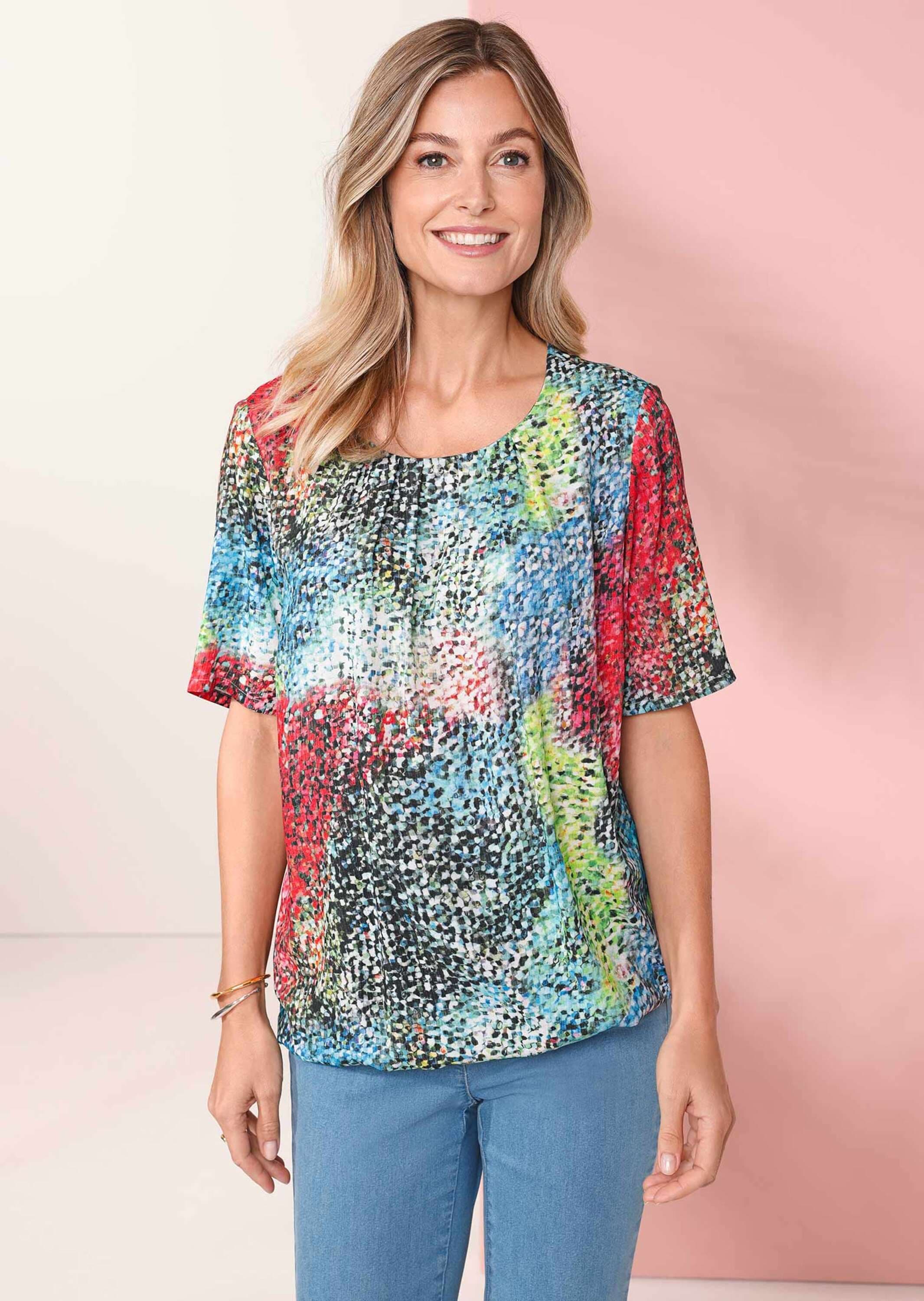 GOLDNER Druckbluse »Kurzgröße Halbarm Viskosebluse mit Allover-Print« Ohne