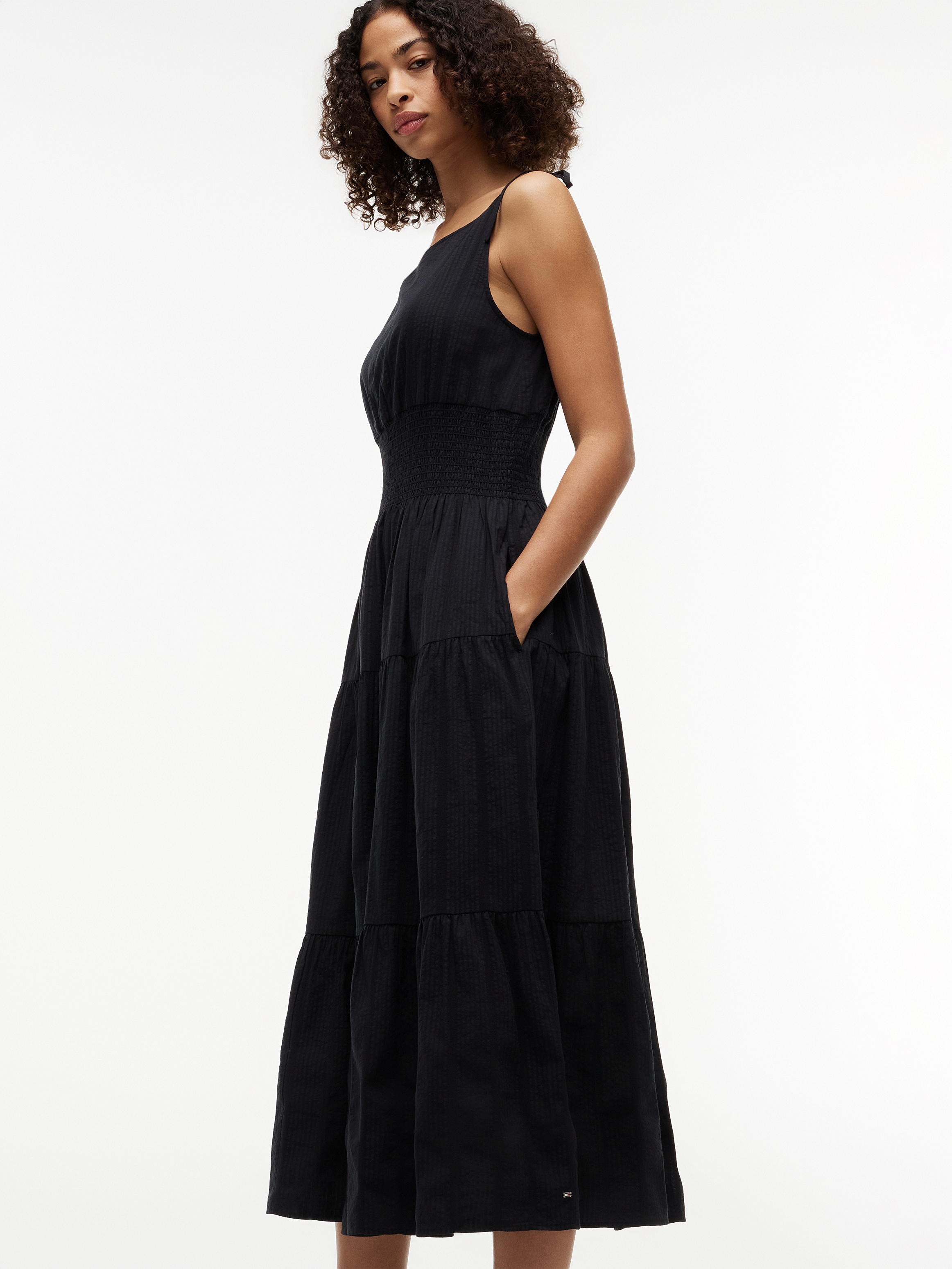 Tommy Hilfiger Trägerkleid »SMOCK TIE NS MIDI DRESS« Ohne Tasche Baumwollmischung, Smok-Einsatz