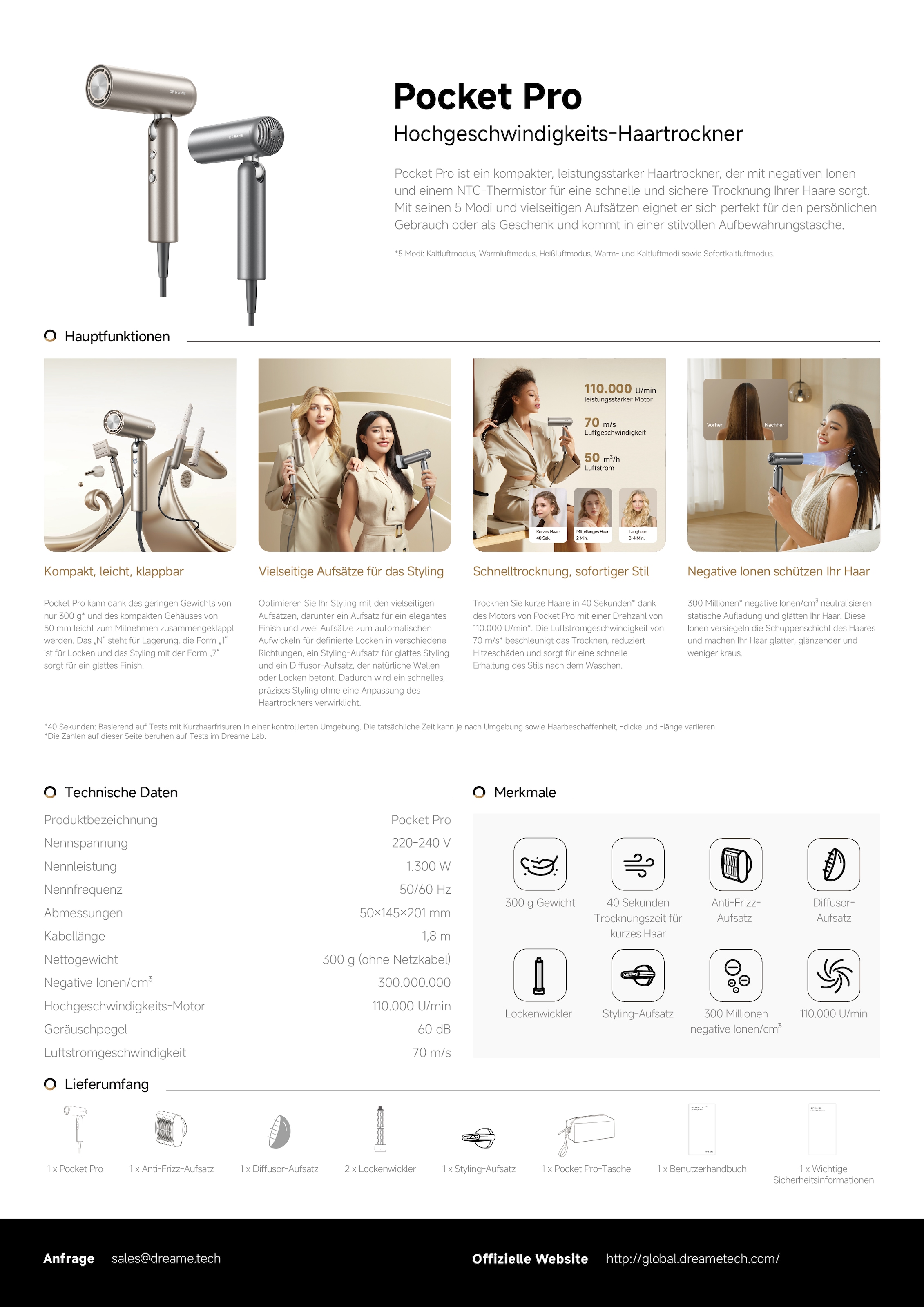 Dreame Haartrockner »Pocket Pro« 1.300 W 4 Aufsätze Kompaktes 5-in1-Design, 1.300 Watt, Hitzeschutz