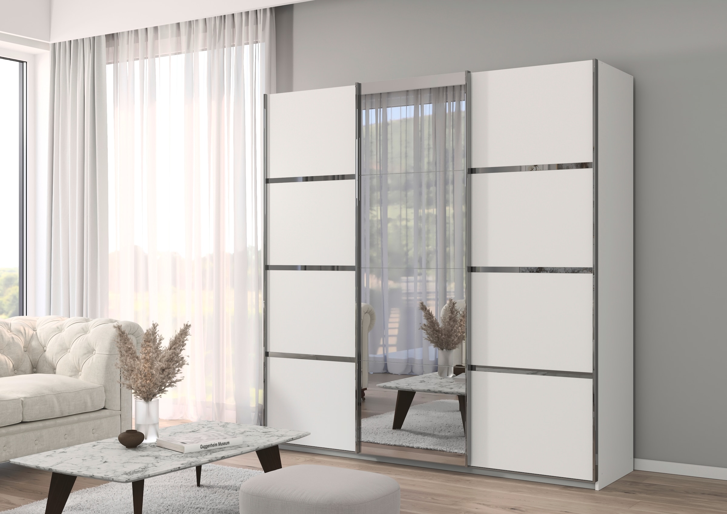 rauch Kleiderschrank »Schwebetürenschrank OTTO´s Choice Garderobe Schrank TOP ANGEBOT Avola«, (in 3 verschiedenen Ausstattungen BASIC/CLASSIC/PREMIUM inkl. Spiegel), mit eleganten Zierleisten in Chrom, Schwarz oder Weiß MADE IN GERMANY