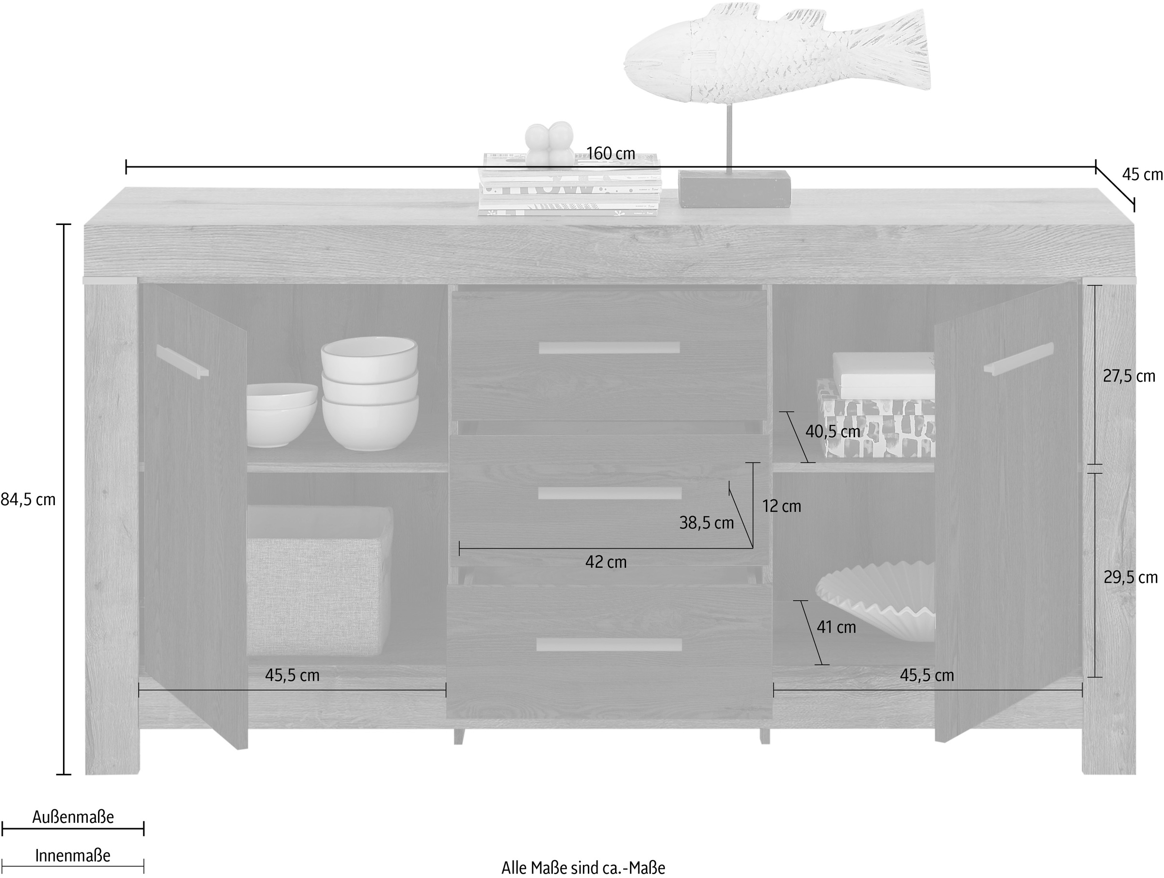 HBZ Sideboard »Balin mit LED-Beleuchtung, BxHxT 160x85x45 cm«, (1 St.), Mit 2 Türen und 3 Schubkästen und 2 Einlegeböden