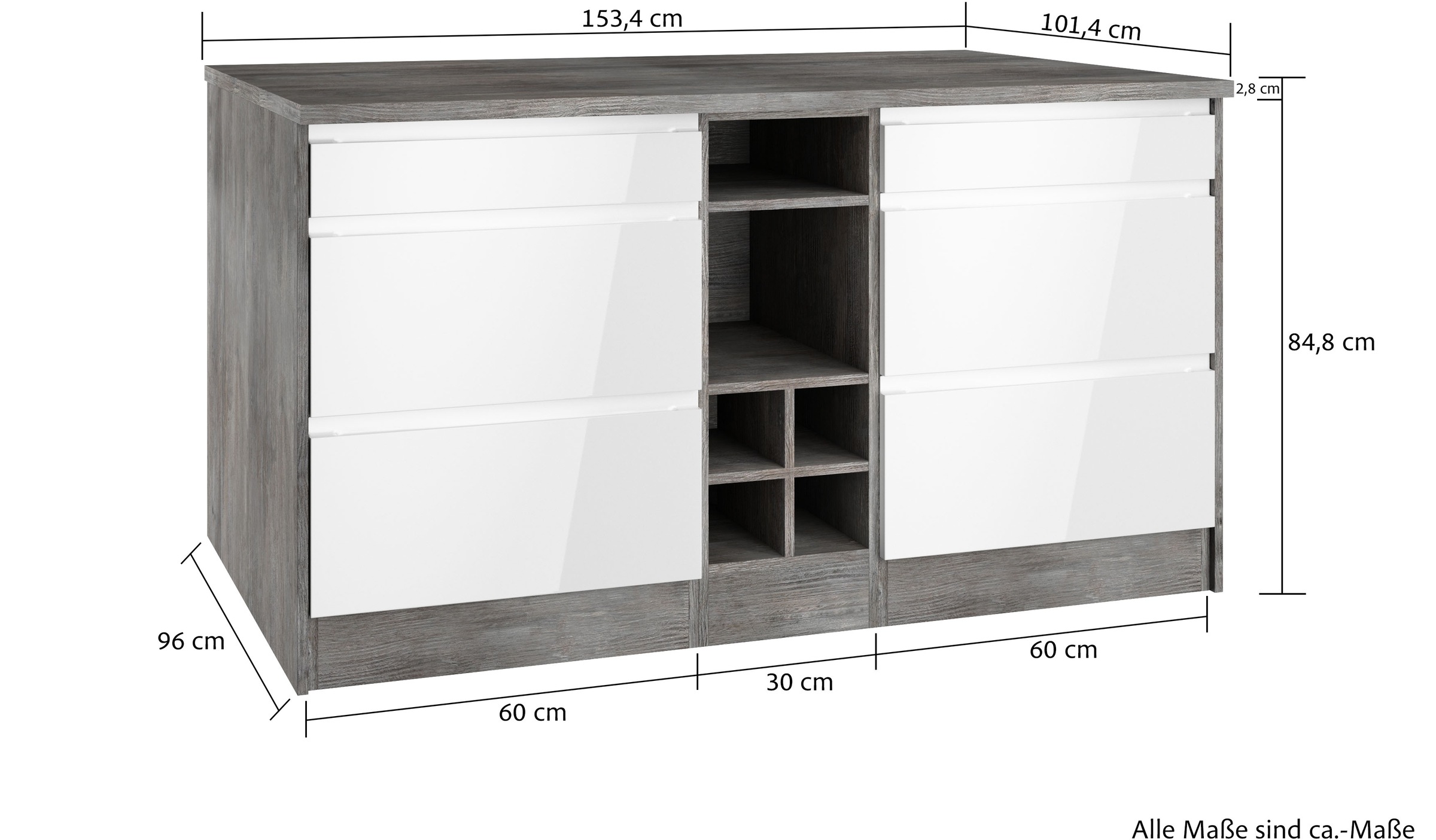 KOCHSTATION Kücheninsel »KS-Virginia«, Breite 153 cm, MDF-Fronten, Flaschenregal