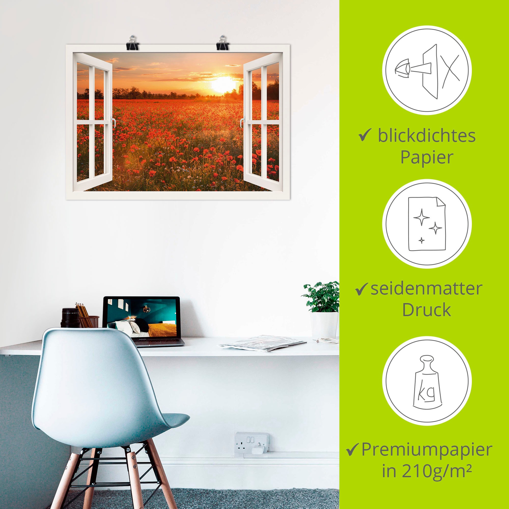 Artland Wandbild »Fensterblick Mohnblumenfeld« Blumen 1 Stk. tlg. als Leinwandbild, Poster in verschied. Größen