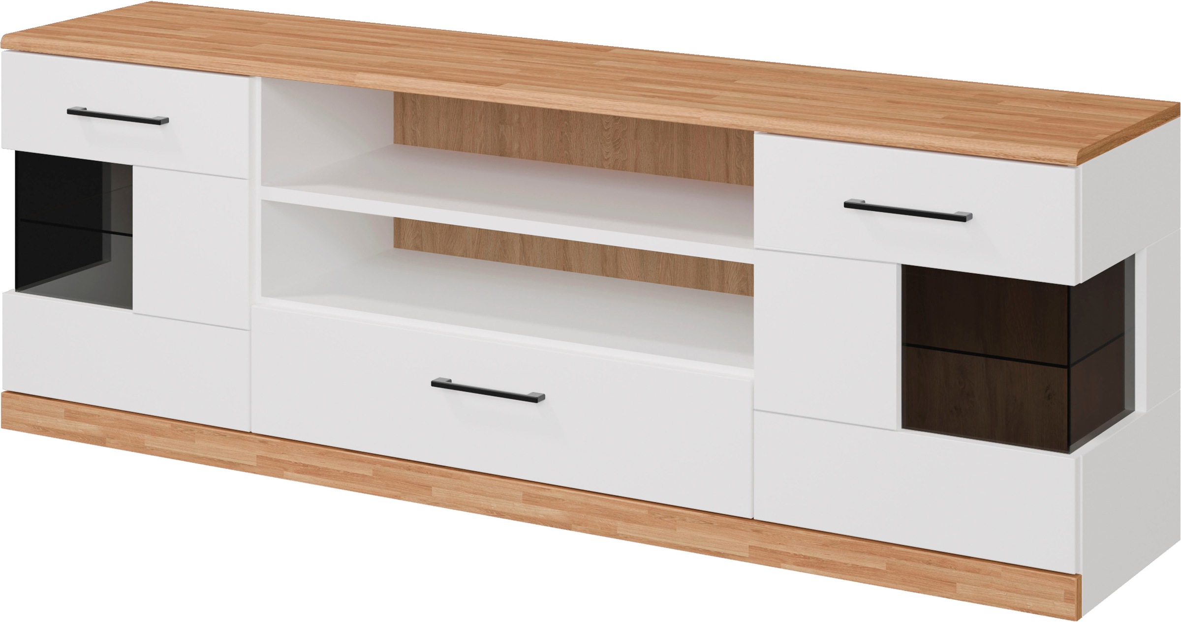 Home affaire Lowboard »Ribe,160cm breit,55cm hoch,Oberplatte massiv«, Oberplatte Massivholz,schwarze Metall Griffe,2 Türen mit Glaseinsatz