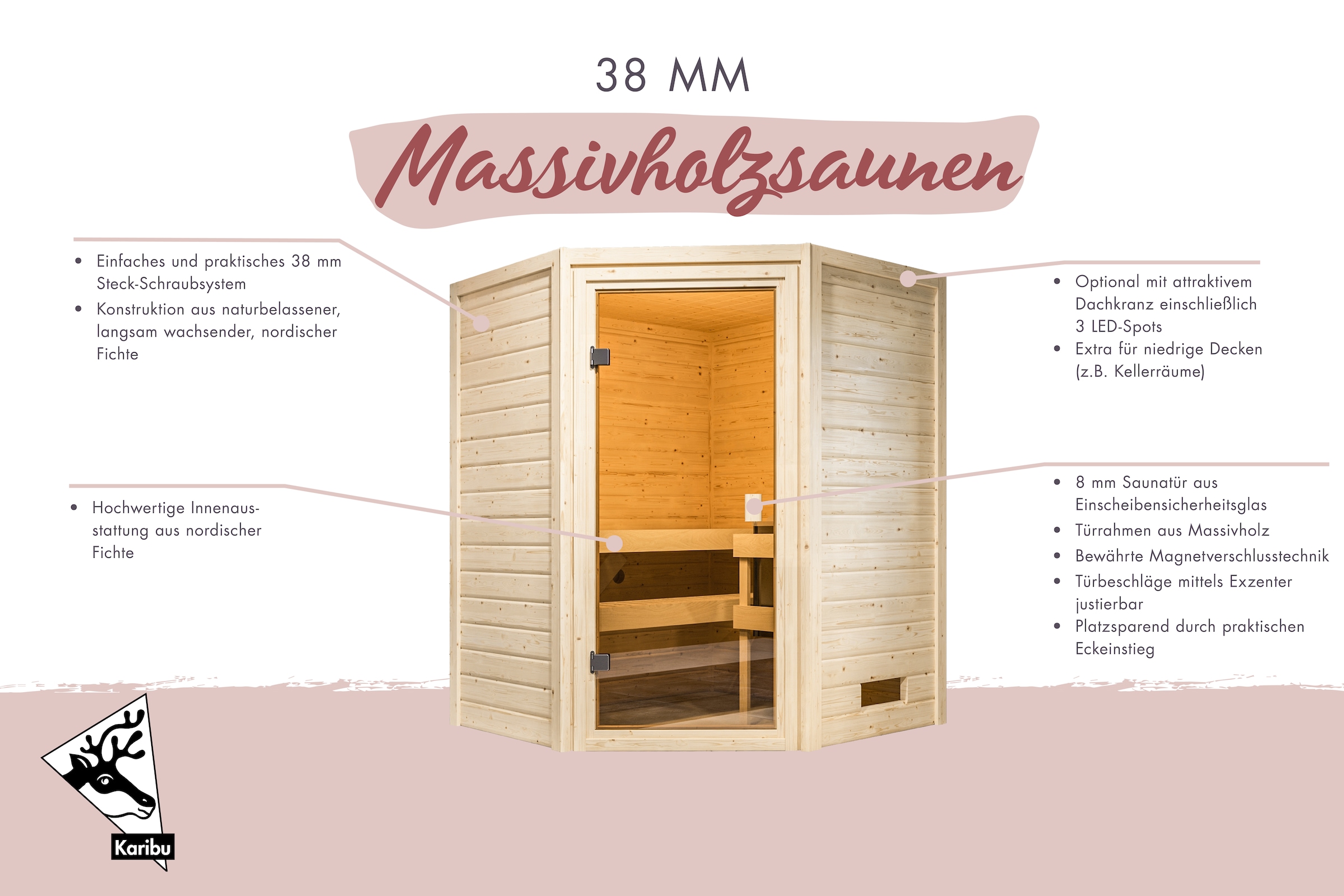 Karibu Sauna »"Anni" mit bronzierter Tür und Kranz SET, naturbelassen, mit Ofen 9 kW« aus hochwertiger nordischer Fichte
