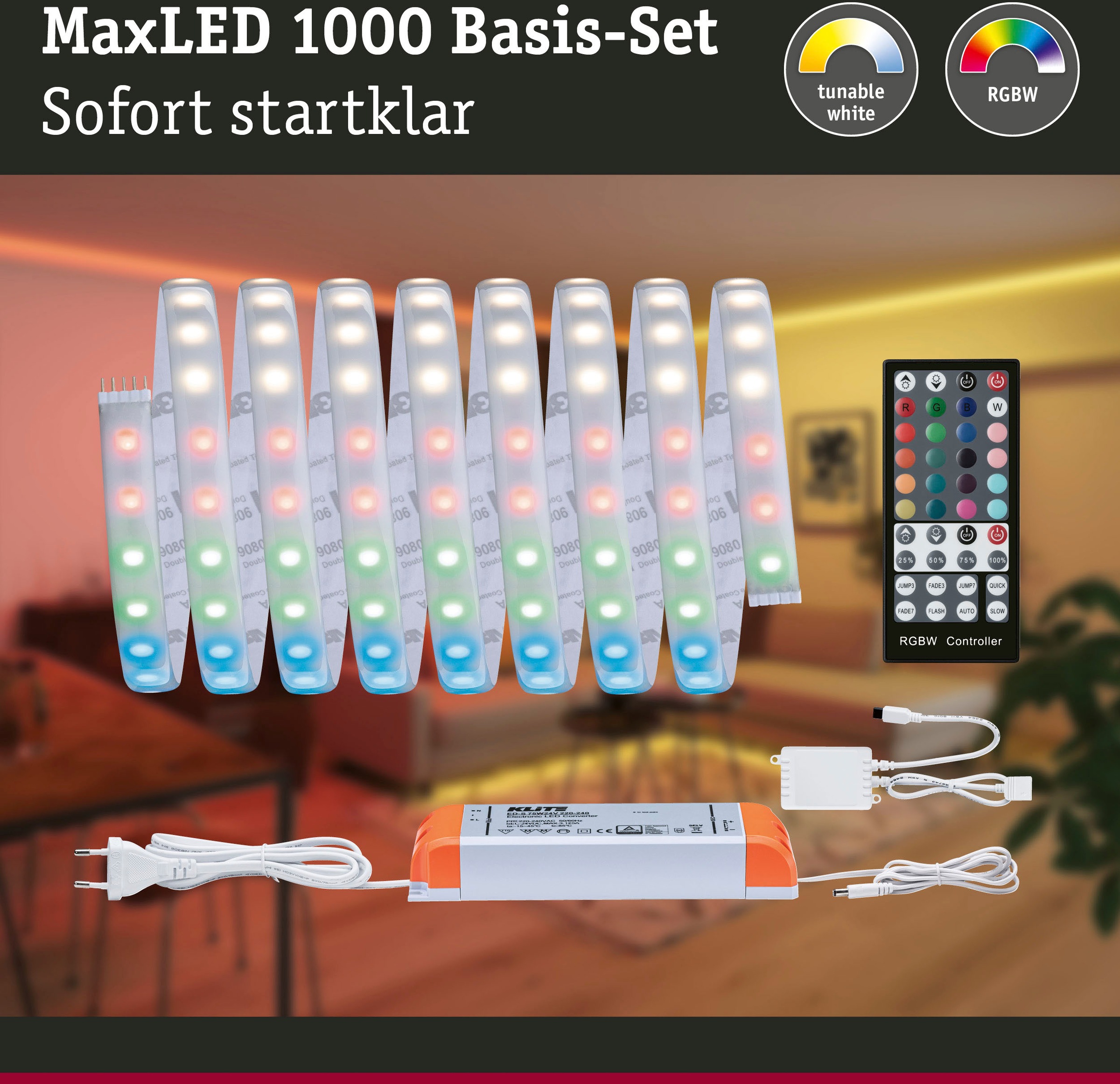 Paulmann LED-Streifen »MaxLED 1000 Basisset 3m RGBW IP44 Cover 3000K 33W 230/24V 75VA Silber«, 1 St.-flammig, RGBW