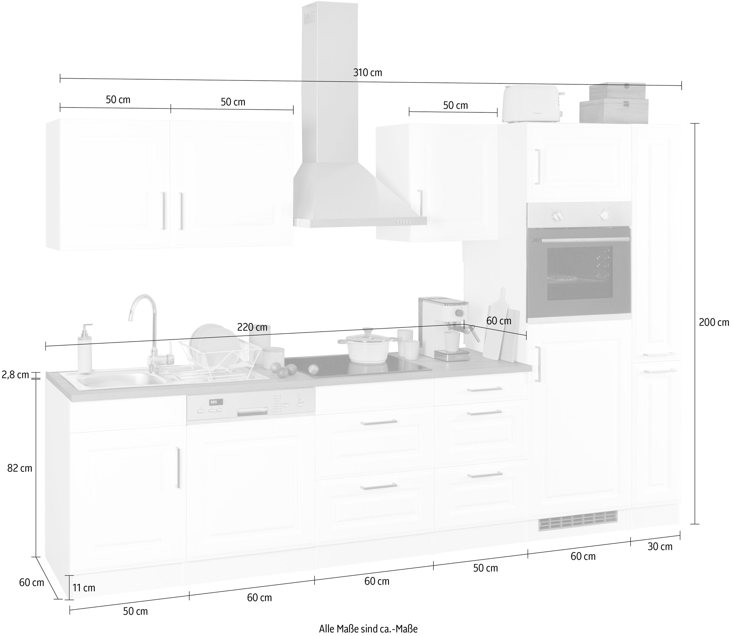 KOCHSTATION Küchenzeile »KS-Stockholm« Breite 310 cm, mit hochwertigen MDF Fronten im Landhaus-Stil