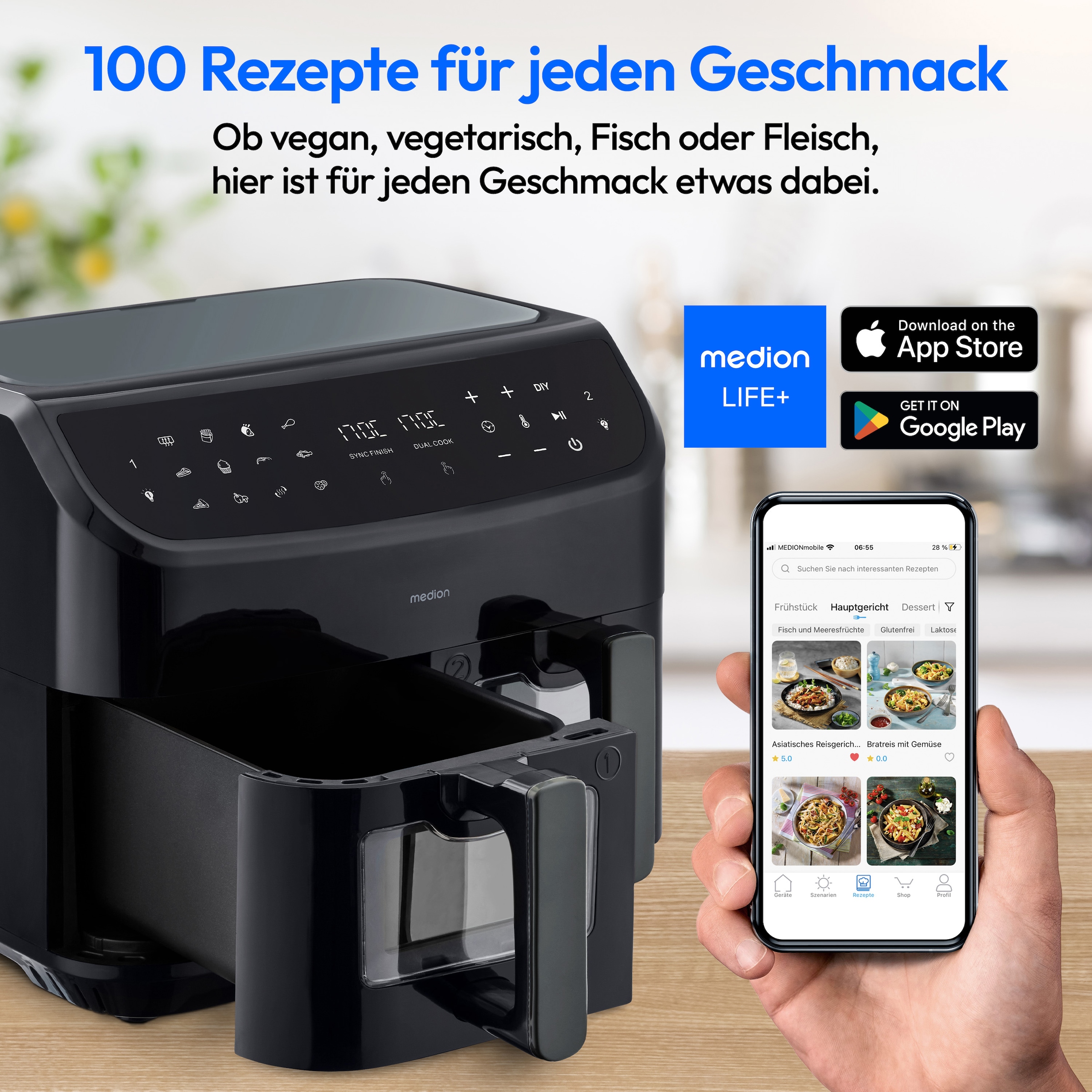 Medion® Heißluftfritteuse »MD 11760 P20XXL Twin«, 2400 W, Temperatur 50 - 200 °C, ILAG Beschichtung, Sync-Finish