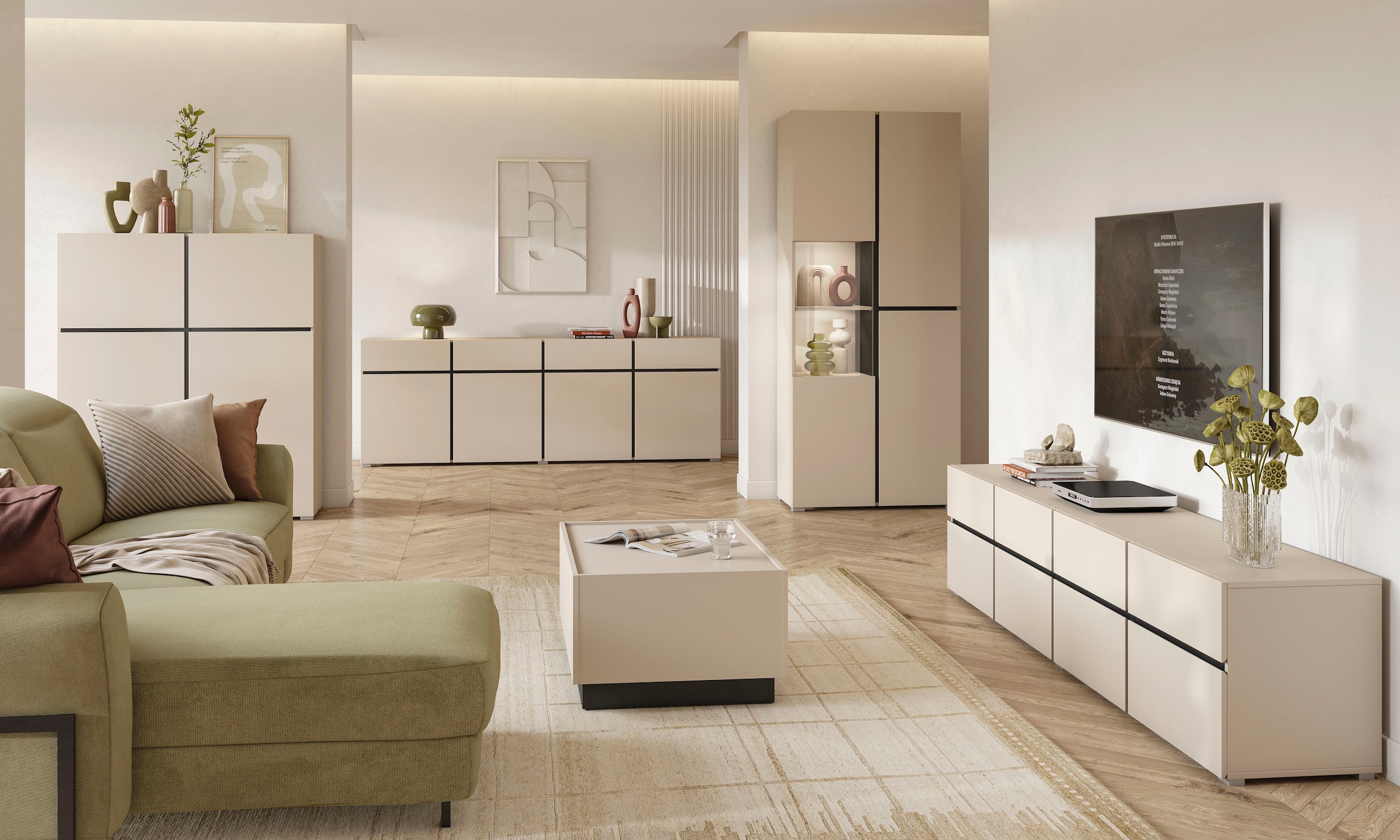 OTTO home Vitrine »Cross, Höhe 183,5 cm, moderne grifflose Standvitrine mit 3 Türen« Hochschrank mit viel Stauraum, Glastür und verstellbaren Einlegeböden