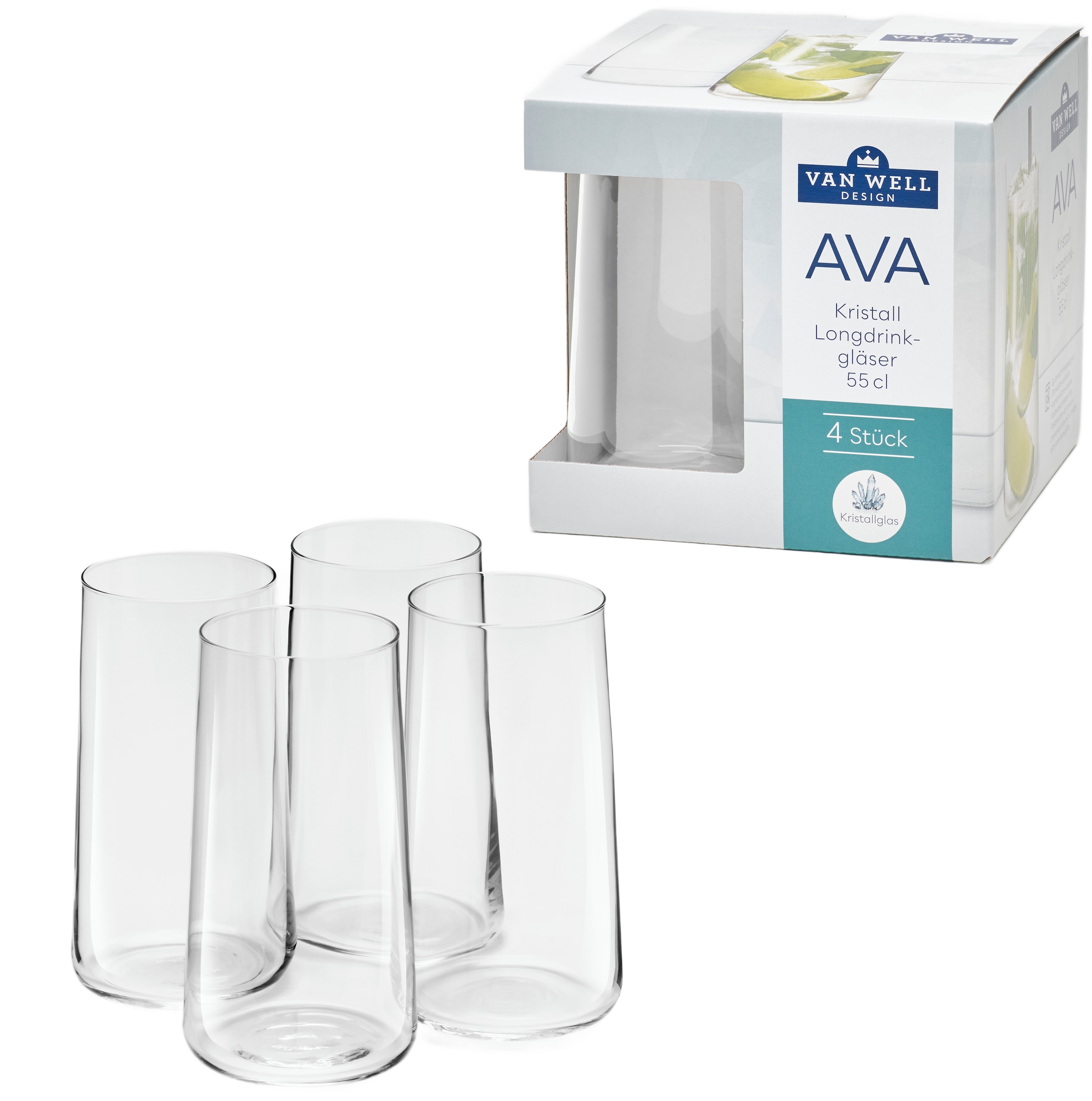 van Well Longdrinkglas »Ava, Longdrinkgläser 55,0 cl, 4 Stück« Geschenkkarton mit Sichtfenster, spülmaschinengeeignet