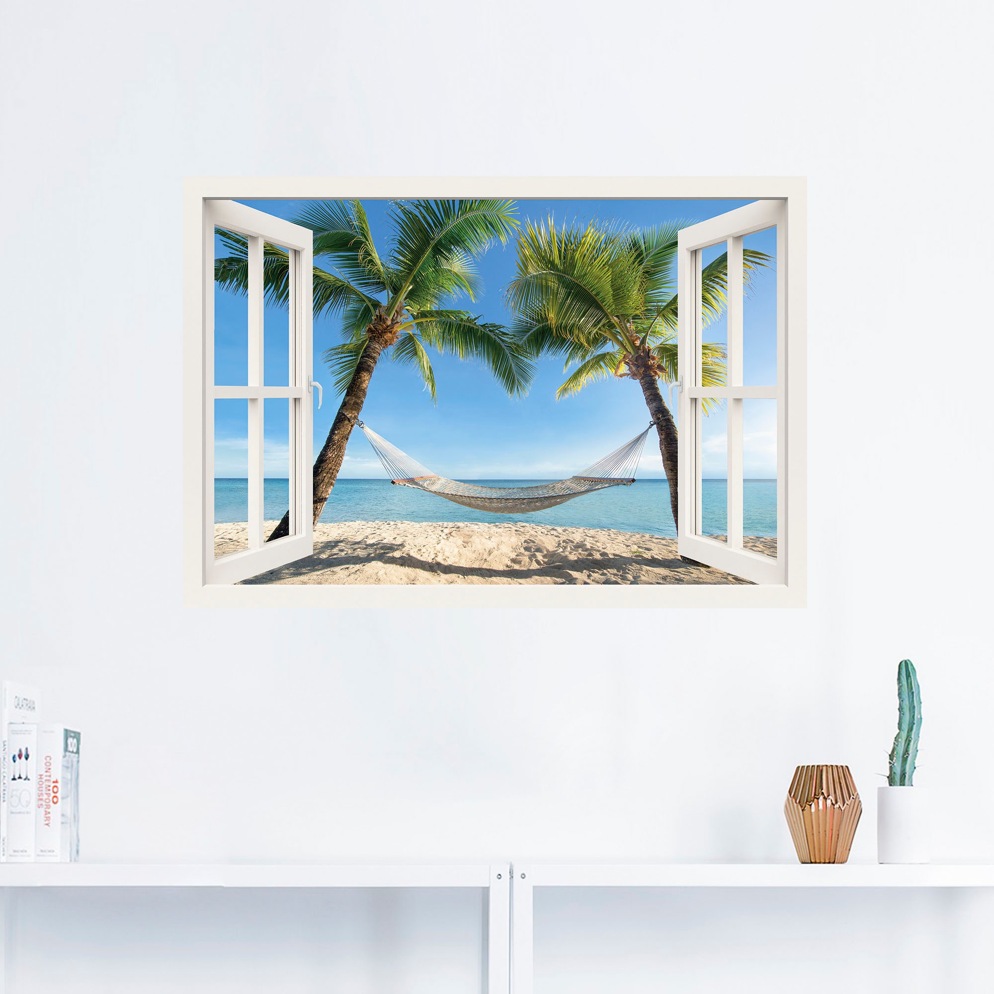 Artland Wandbild »Fensterblick Palmenstrand Karibik«, Amerika, (1 St.), als Alubild, Outdoorbild, Leinwandbild, Poster, Wandaufkleber