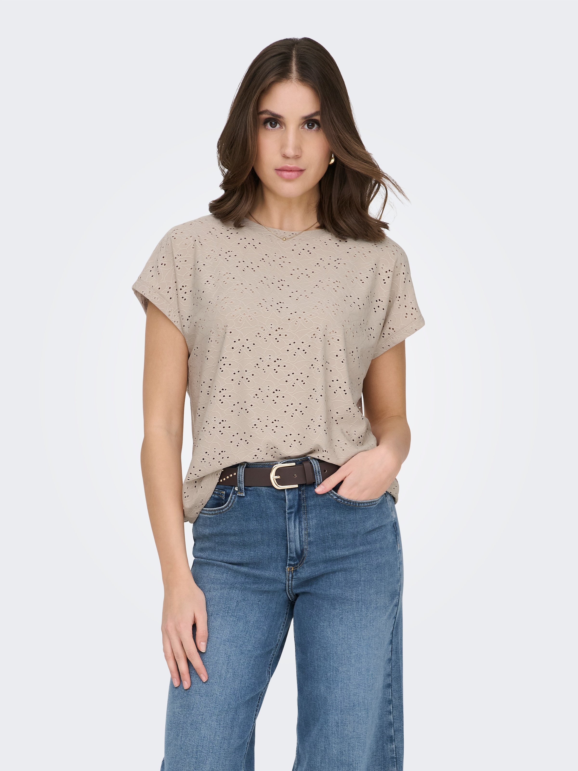 ONLY Kurzarmshirt »ONLSMILLA LIFE S/S TOP JRS NOOS« regular fit, modisch, Single Jersey, Materialmix, Rundhals