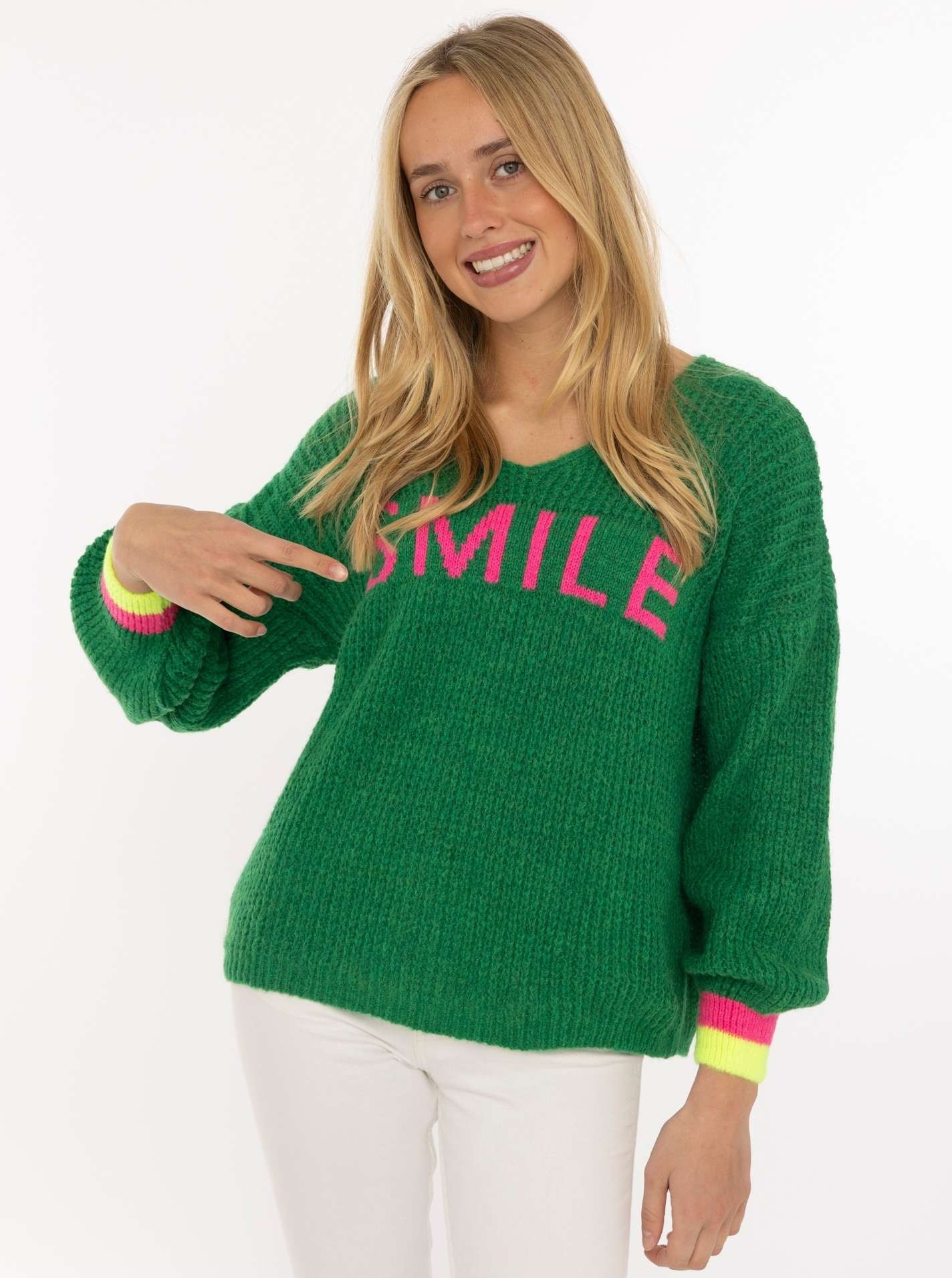 Zwillingsherz Strickpullover »"Smile"« Langarm, One Size, V-Ausschnitt, Neon-Details, Schriftzug