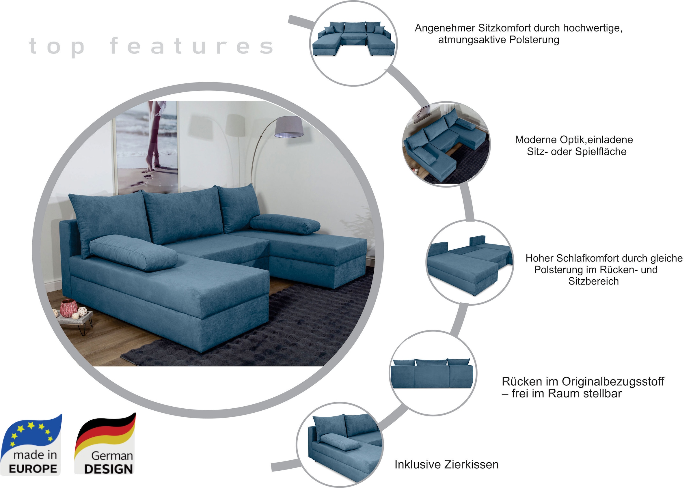 COLLECTION AB Wohnlandschaft »Pico U-Form«, Wohnlandschaft,2 X Ottomane,Polyätherschaum Polsterung