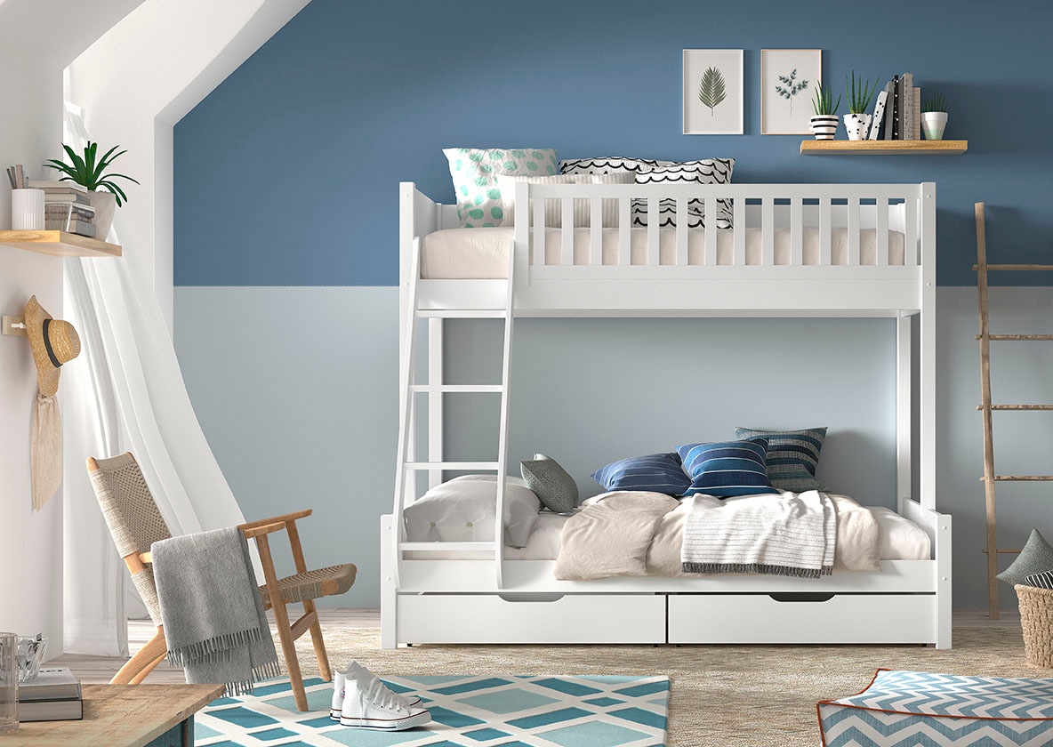 Vipack Etagenbett »Scott, Kiefer massiv, stabil gebaut, Made in Europe, Landhaus-Optik« B/H/T ca. 208x175x158cm, inkl. Rolllattenroste, Leiter, Absturzschutz,  wahlweise, ohne Schublade, mit 2 kleinen oder 1 großen Bettschublade