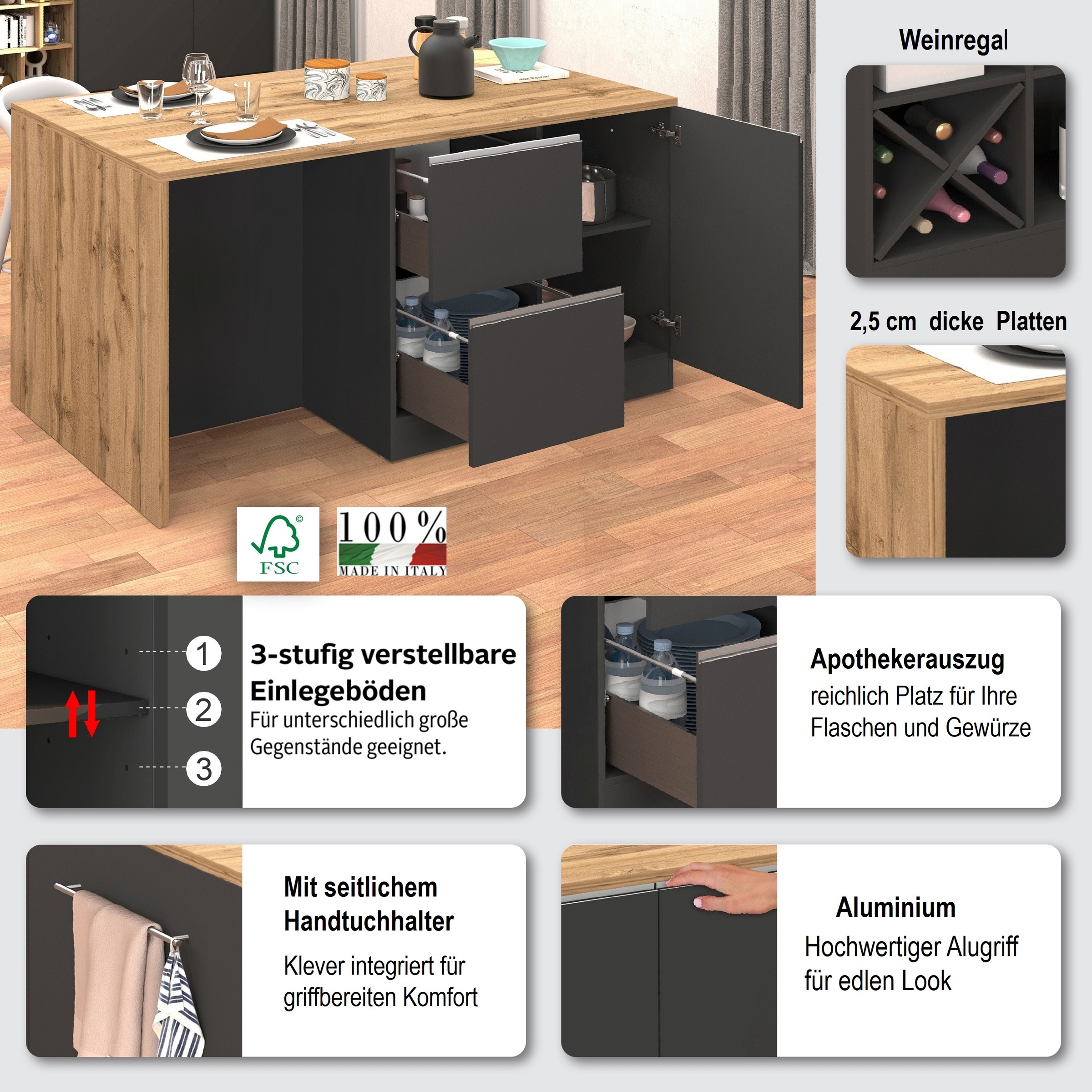KOCHSTATION Kücheninsel »KS-Sole, Kochinsel, Küchenarbeitsblock, Inselküche, Arbeitsinsel«, Breite 152,5 cm, mit Essplatz, Handtuchhalter, Fächer und Weinregal