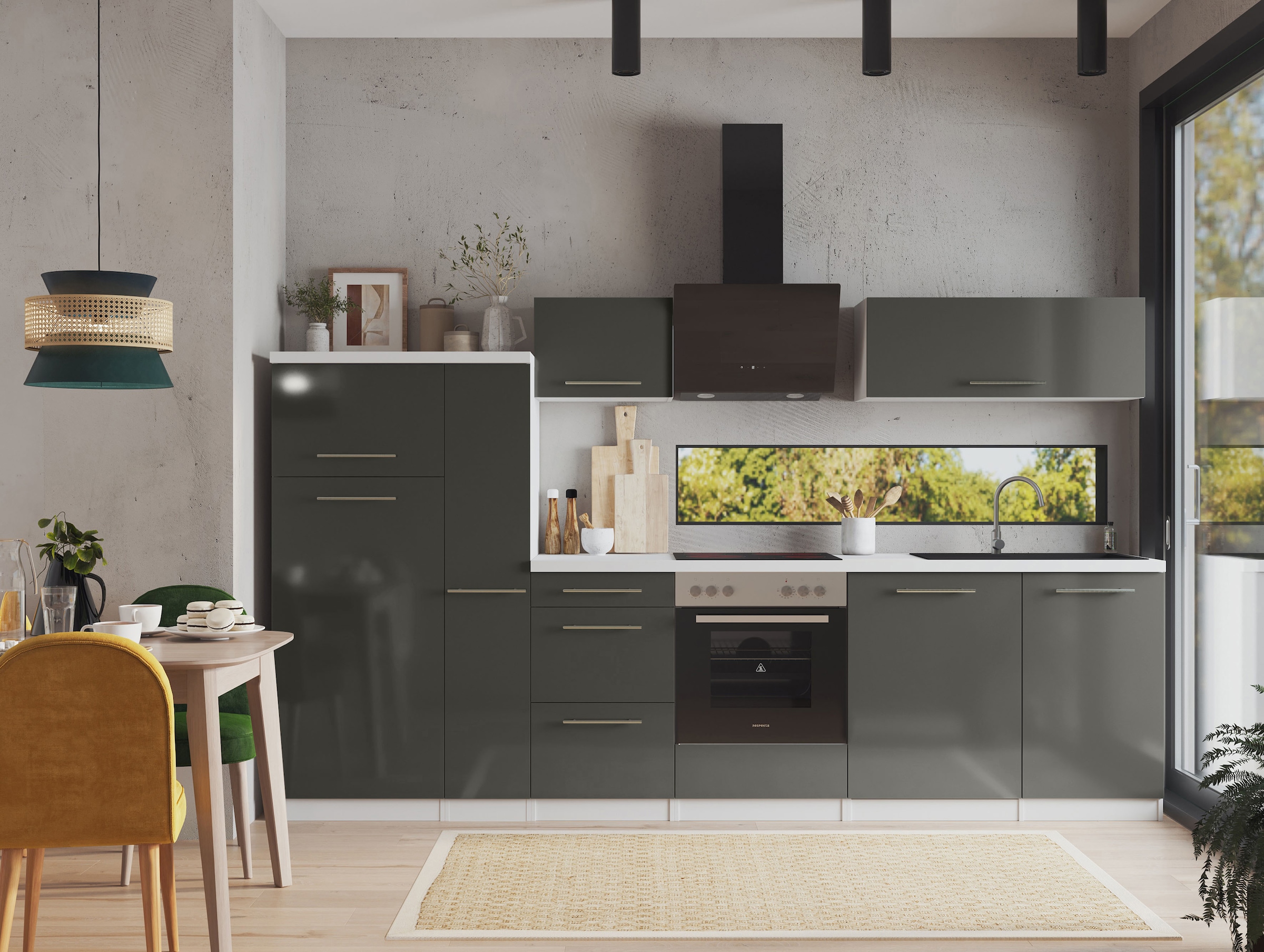 RESPEKTA Küche »Amanda« Breite 310 cm, mit Soft-Close, inklusive Elektrogeräte: Geschirrspüler, Kühl-/Gefrierkombination und Herd-Set, Dunstabzugshaube, 