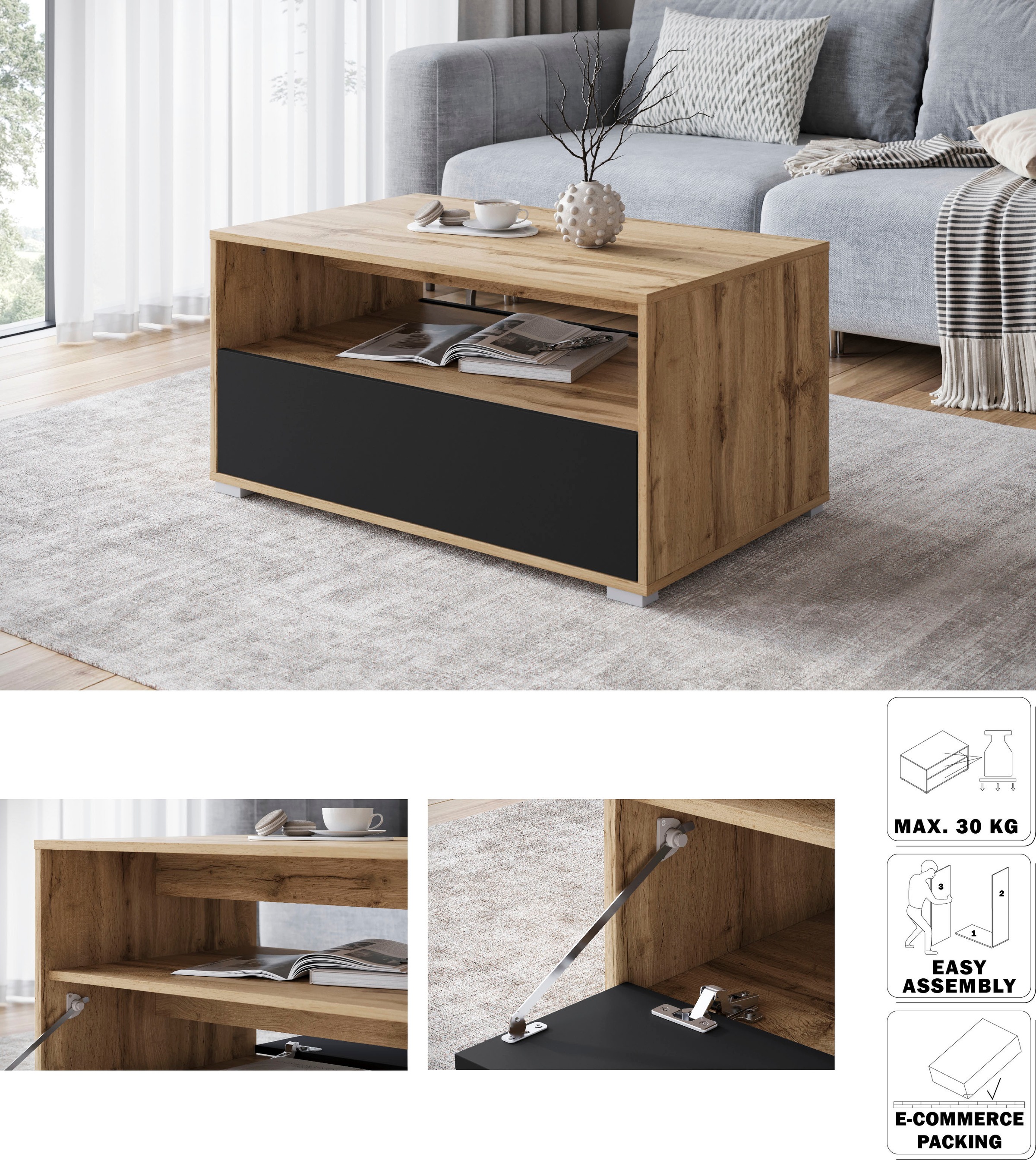 INOSIGN Couchtisch »Kenia«, (1 St.), Rechteckiger Kaffeetisch, 90x55 cm, mit offenem und geschlossenem Fach
