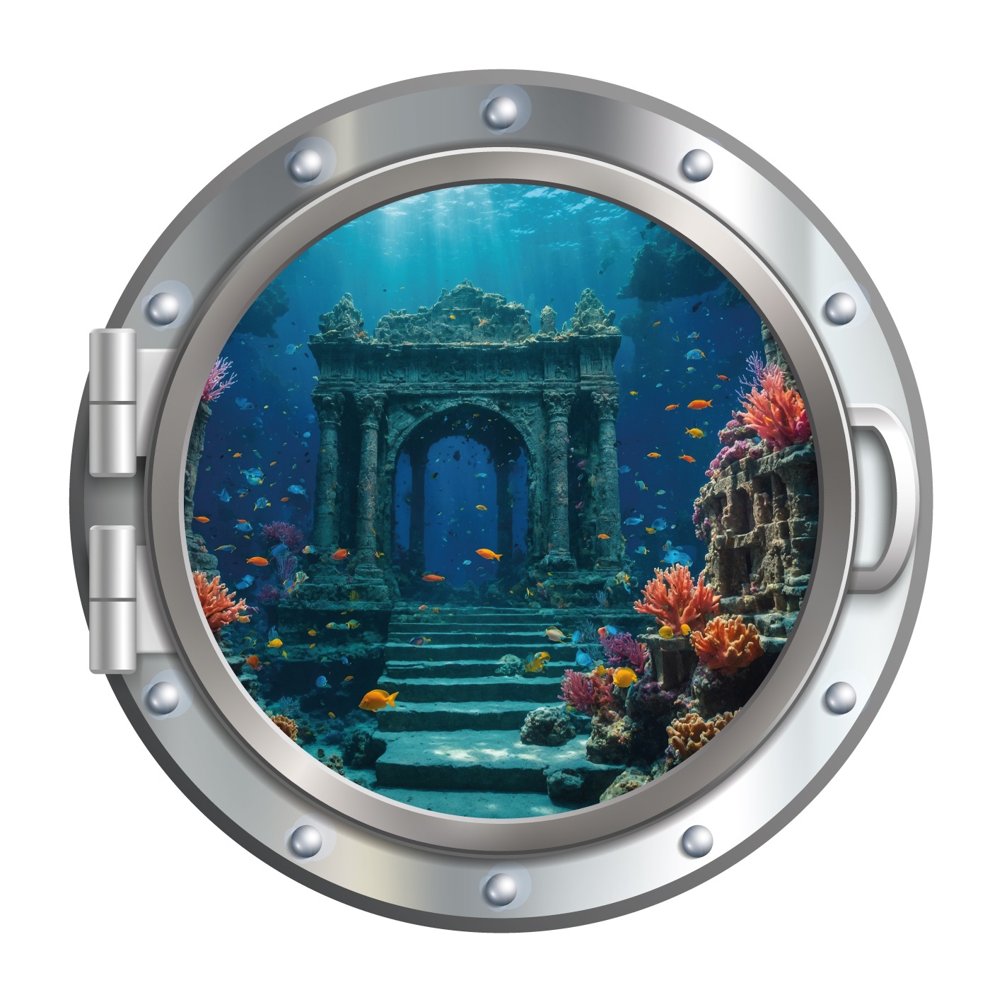 queence Wandsticker »3D Bullauge Illusion Unterwasserwelt Torbogen 40x40 cm« Selbstklebender Wanddurchbruch Unterwasser