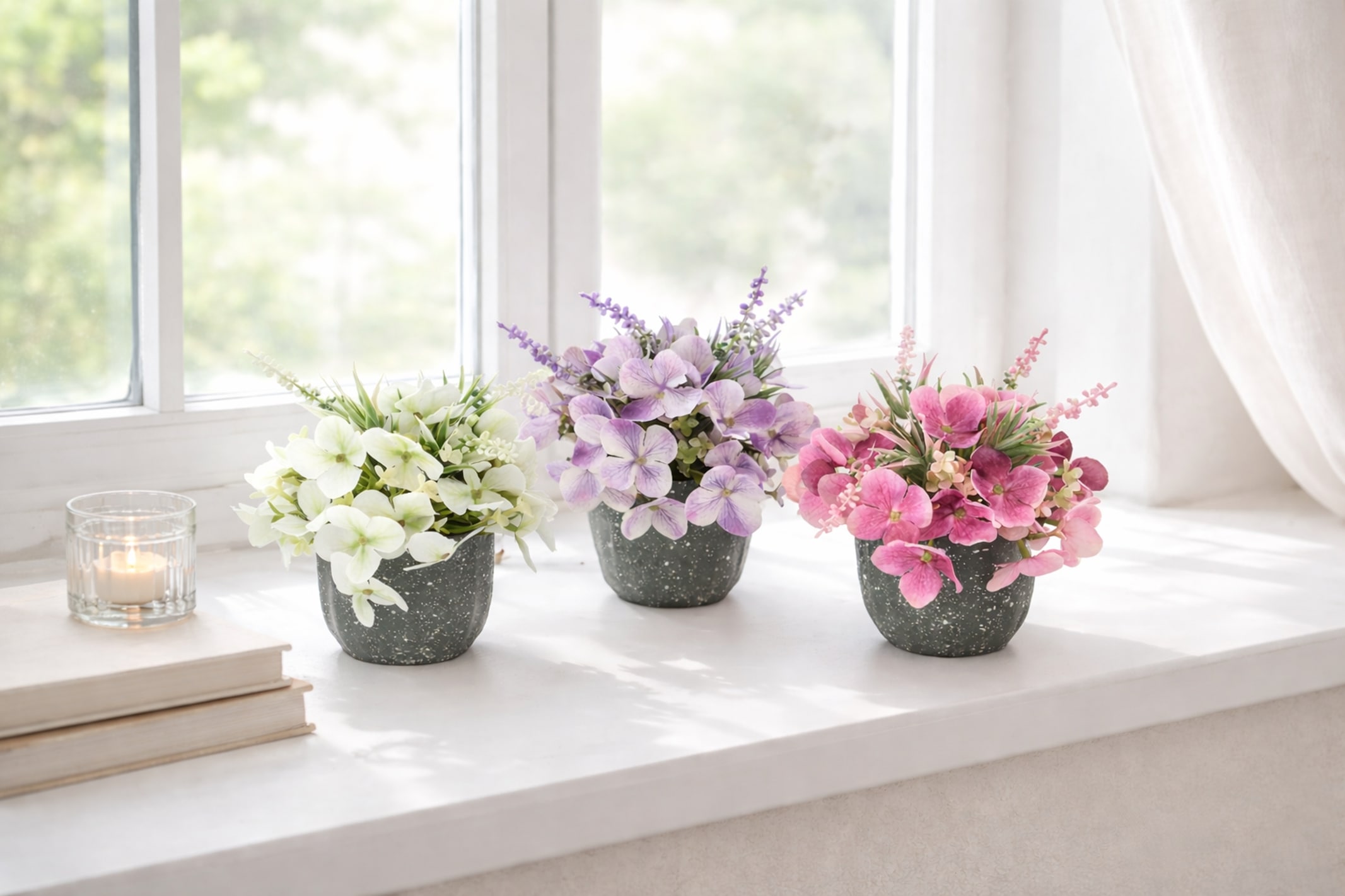 I.GE.A. Kunstblume »Kunstblumen-Arrangement Hortensien im Topf 3er Set« 17cm Kunstpflanze Deko künstliche Blumen Deko Pflanzen