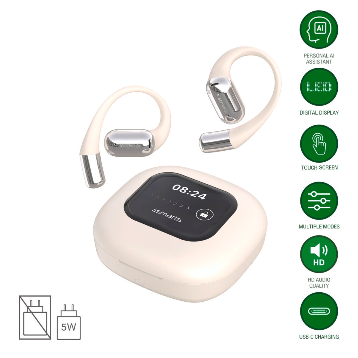 4smarts wireless Kopfhörer »Open-Ear Bluetooth Kopfhörer SkyBuds AI Screen«, A2DP Bluetooth-AVRCP Bluetooth-HFP, Freisprechfunktion
