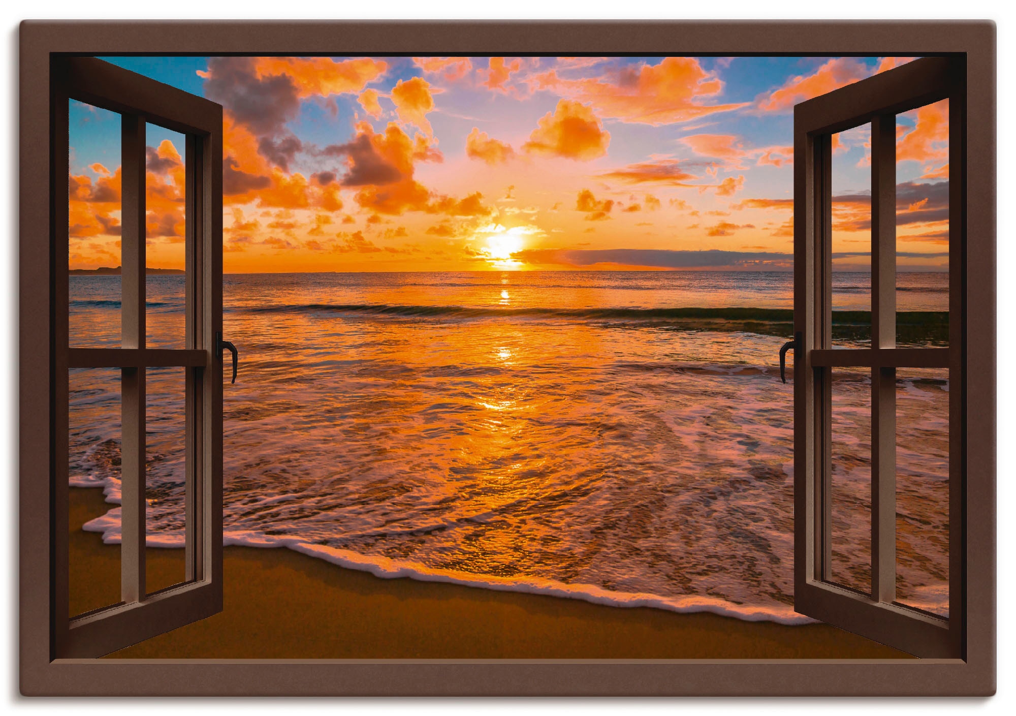 Wandbild »Fensterblick Sonnenuntergang am Strand«, Sonnenaufgang & -untergang, (1...