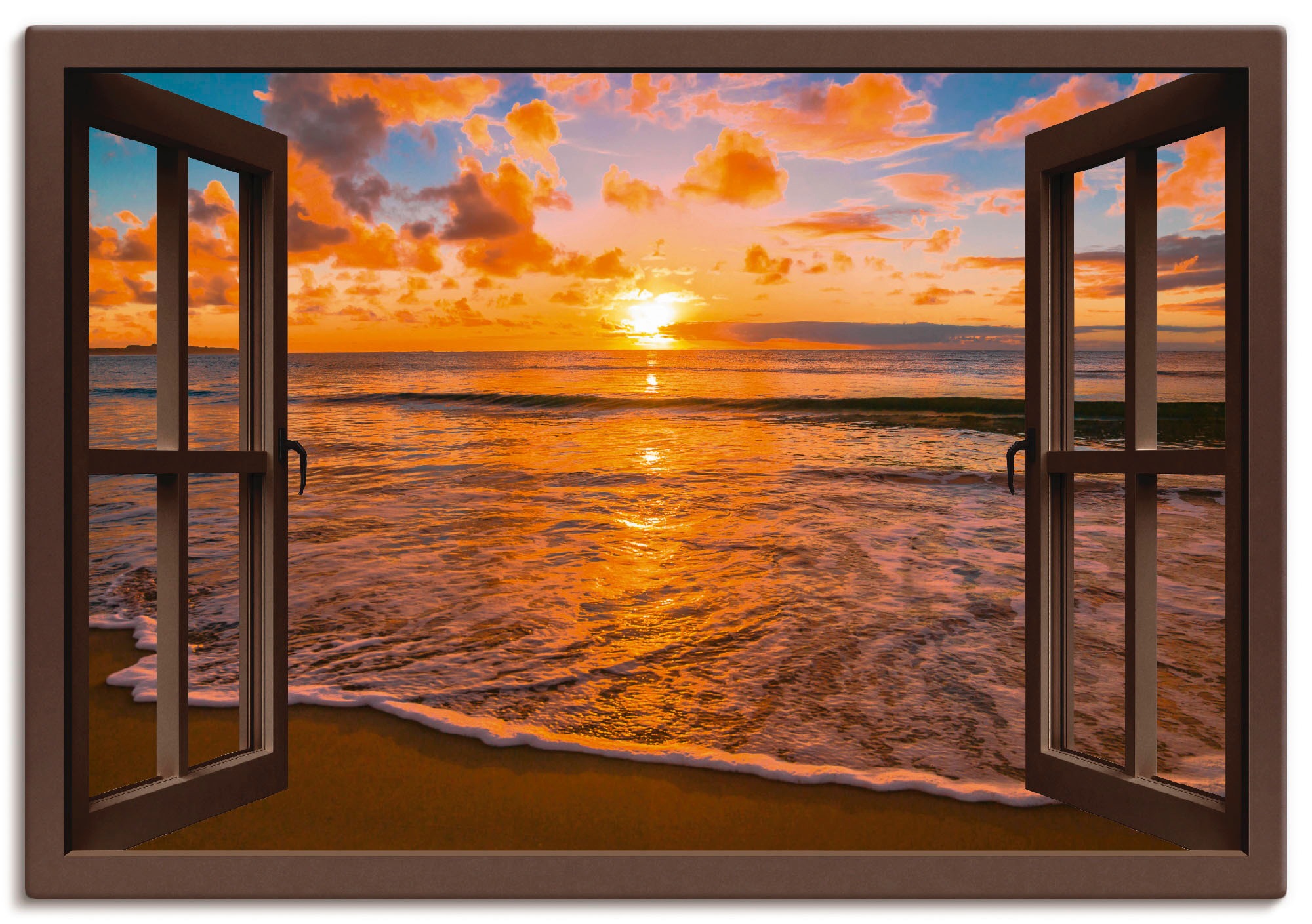 Artland Wandbild »Fensterblick Sonnenuntergang am Strand«, Sonnenaufgang & -untergang, (1 St.), in vielen Größen & Produktarten -Leinwandbild, Poster, Wandaufkleber / Wandtattoo auch für Badezimmer geeignet