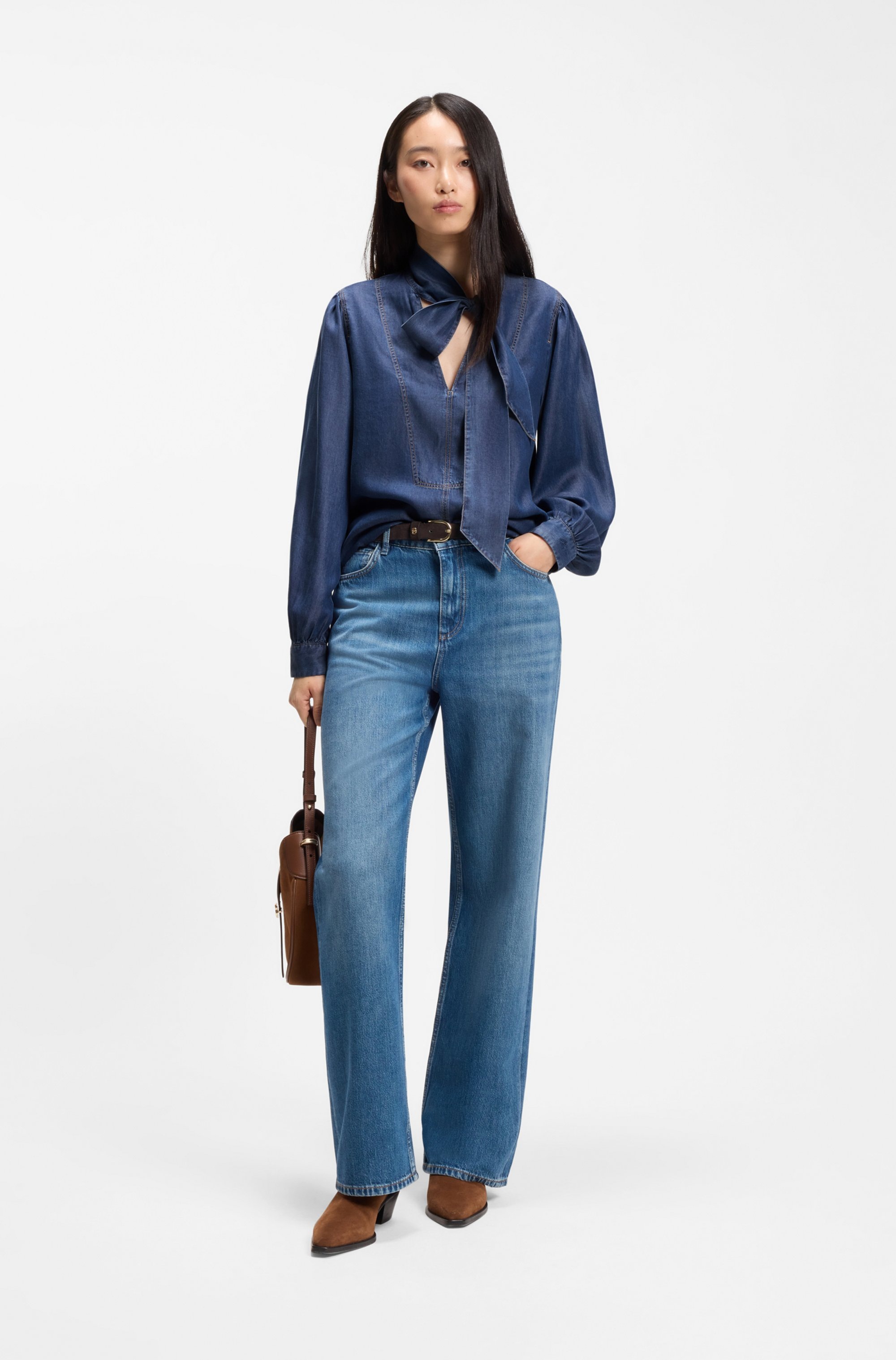BOSS ORANGE Langarmbluse »Betilla Premium Damenmode« mit Schal-Detail, Denim-Look