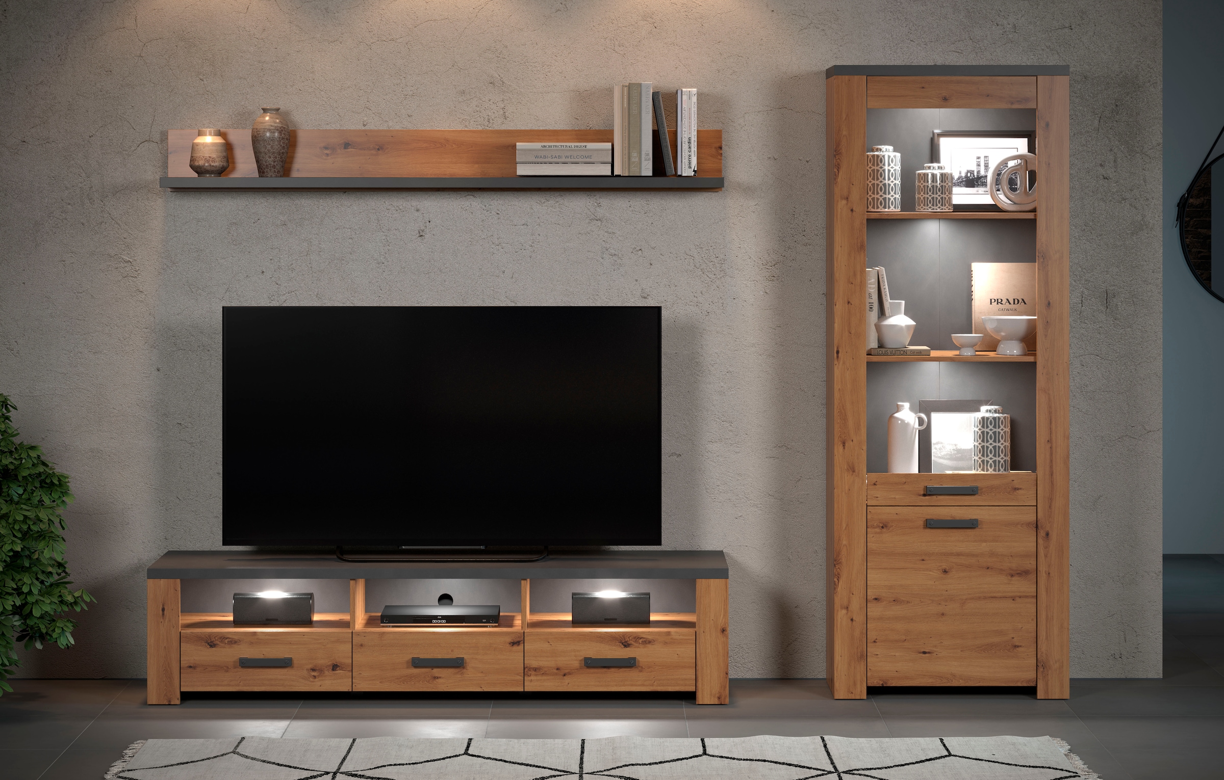 Home affaire TV-Wand »Ambres«, (3 St.), Kleines, modernes TV-SET, Echtholzoptik, Breite ca. 268 cm, matt