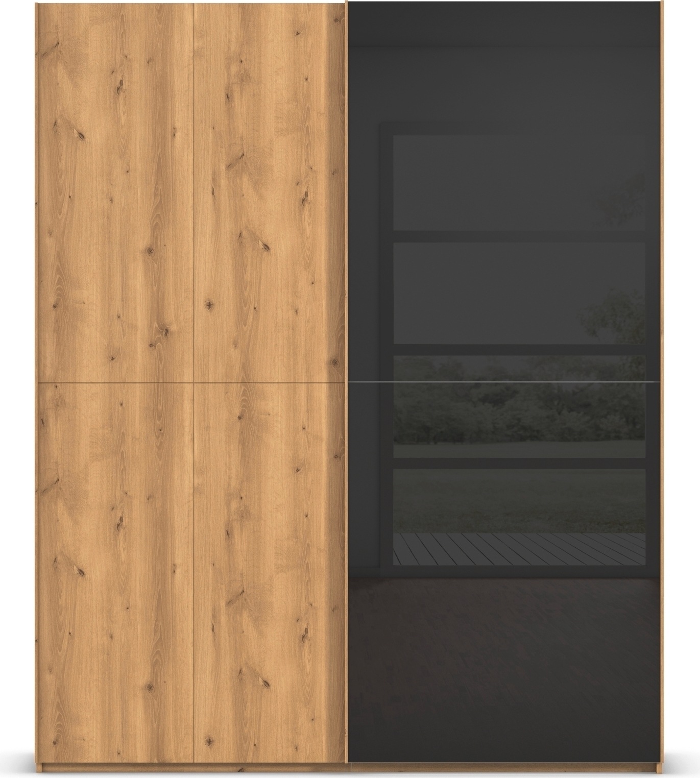 rauch Schwebetürenschrank »Kleiderschrank Schrank Garderobe Schlafzimmerschrank SCALE-WOOD« edle geteilte Front in massiver Asteiche mit Glastüren MADE IN GERMANY