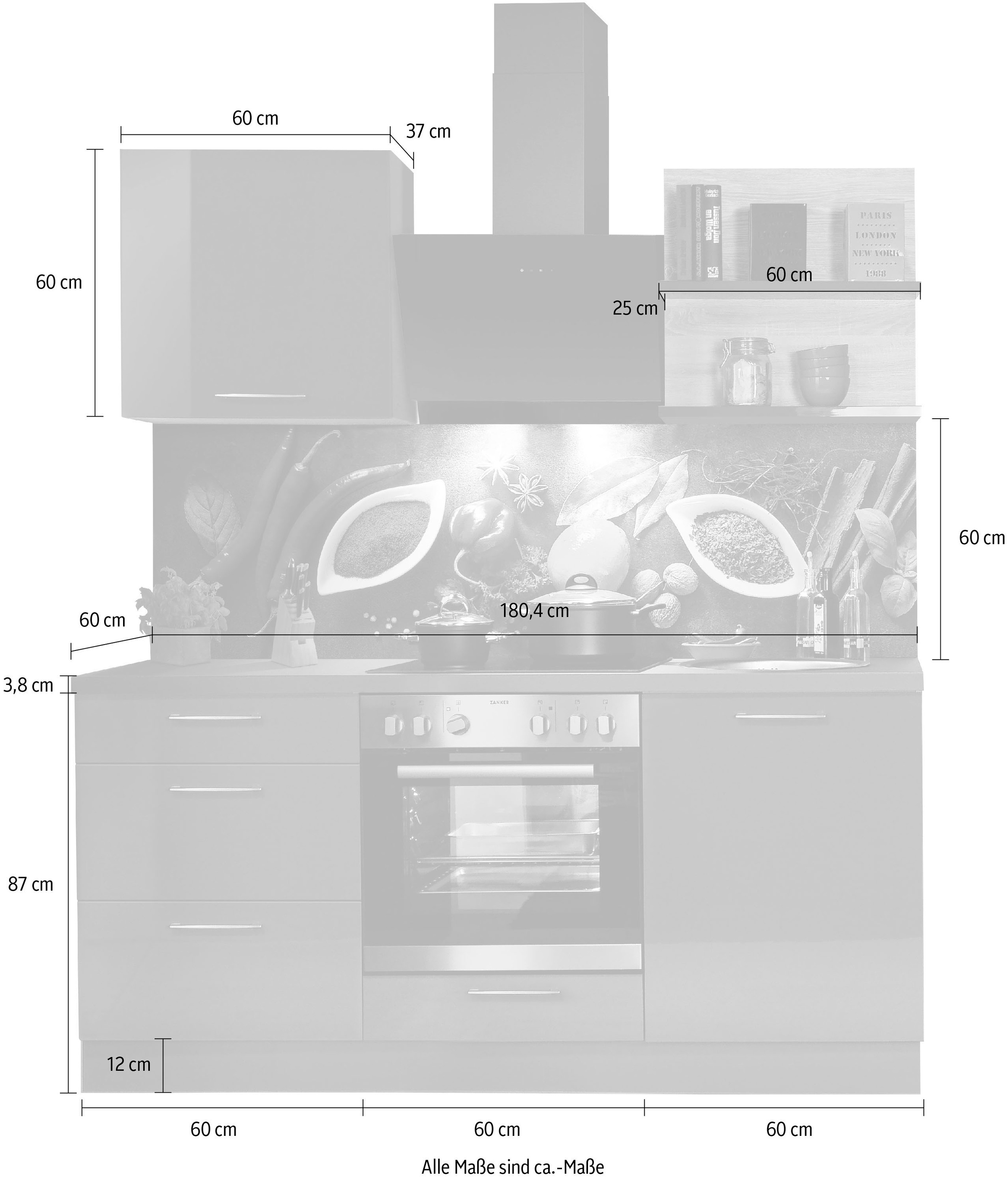 KOCHSTATION Küchenzeile »"KS-Jena", Breite 180 cm, vormontiert«, mit Soft-Close-Funktion, Arbeitshöhe 91 cm, wahlw. mit E-Geräten