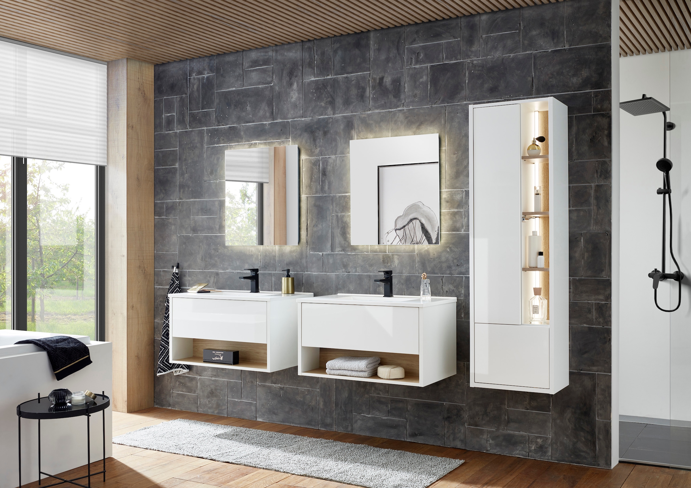 Places of Style Badmöbel-Set »Studio Line, Bad im modernen Design, 5-teiliges Badezimmer«, (5 St.), Schrank, Waschtisch und Spiegel, in zwei Farben verfügbar, Stauraum