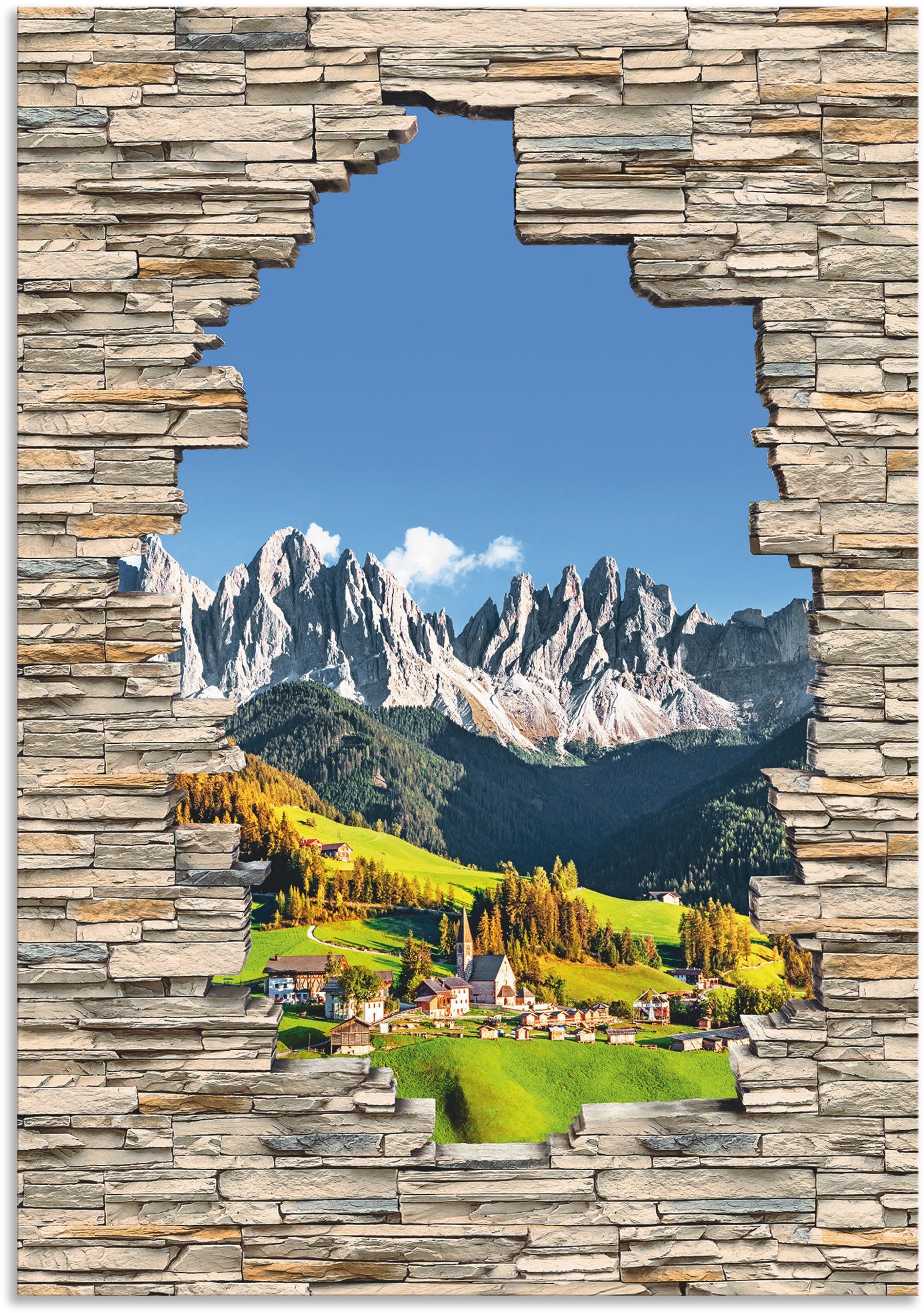Artland Wandbild »Alpen Berge Santa Maddalena Stein Mauer«, Berge & Alpenbilder, (1 St.), als Alubild, Outdoorbild, Wandaufkleber in verschied. Größen